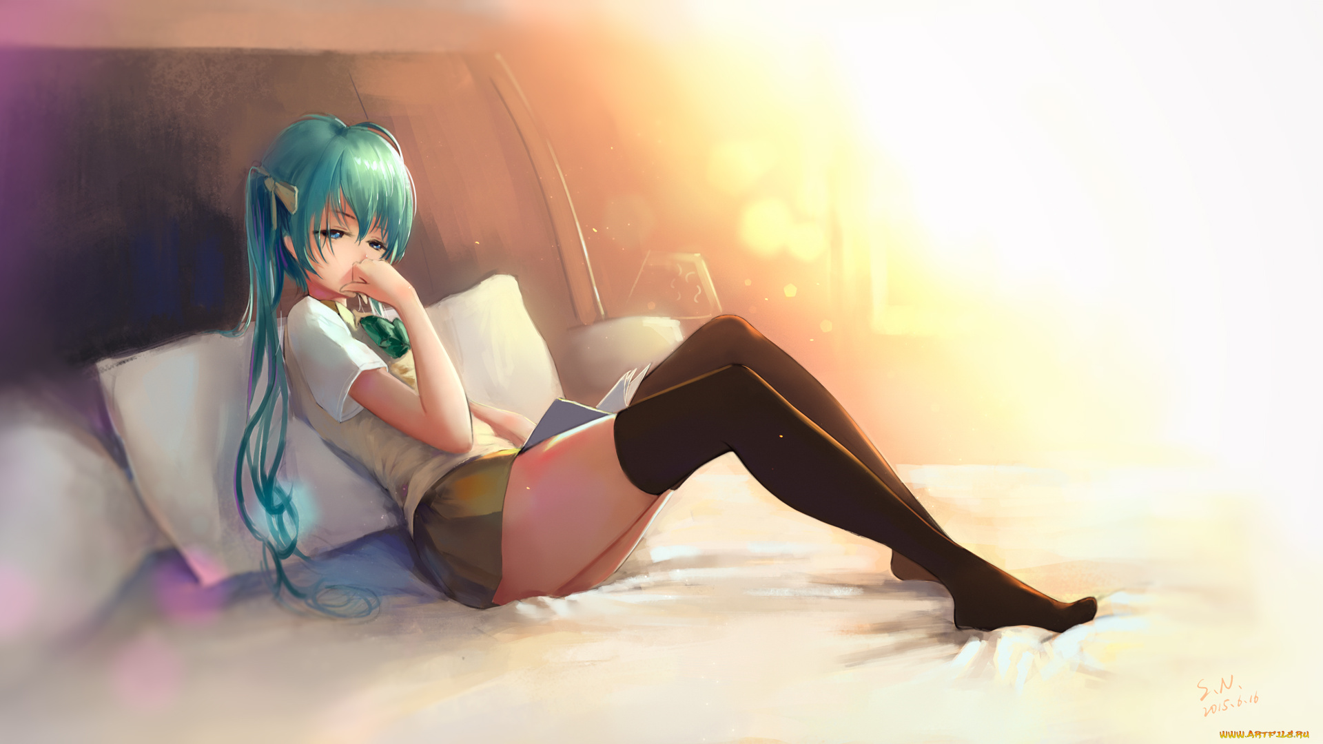 аниме, vocaloid, sombernight, арт, девушка, постель, подушки