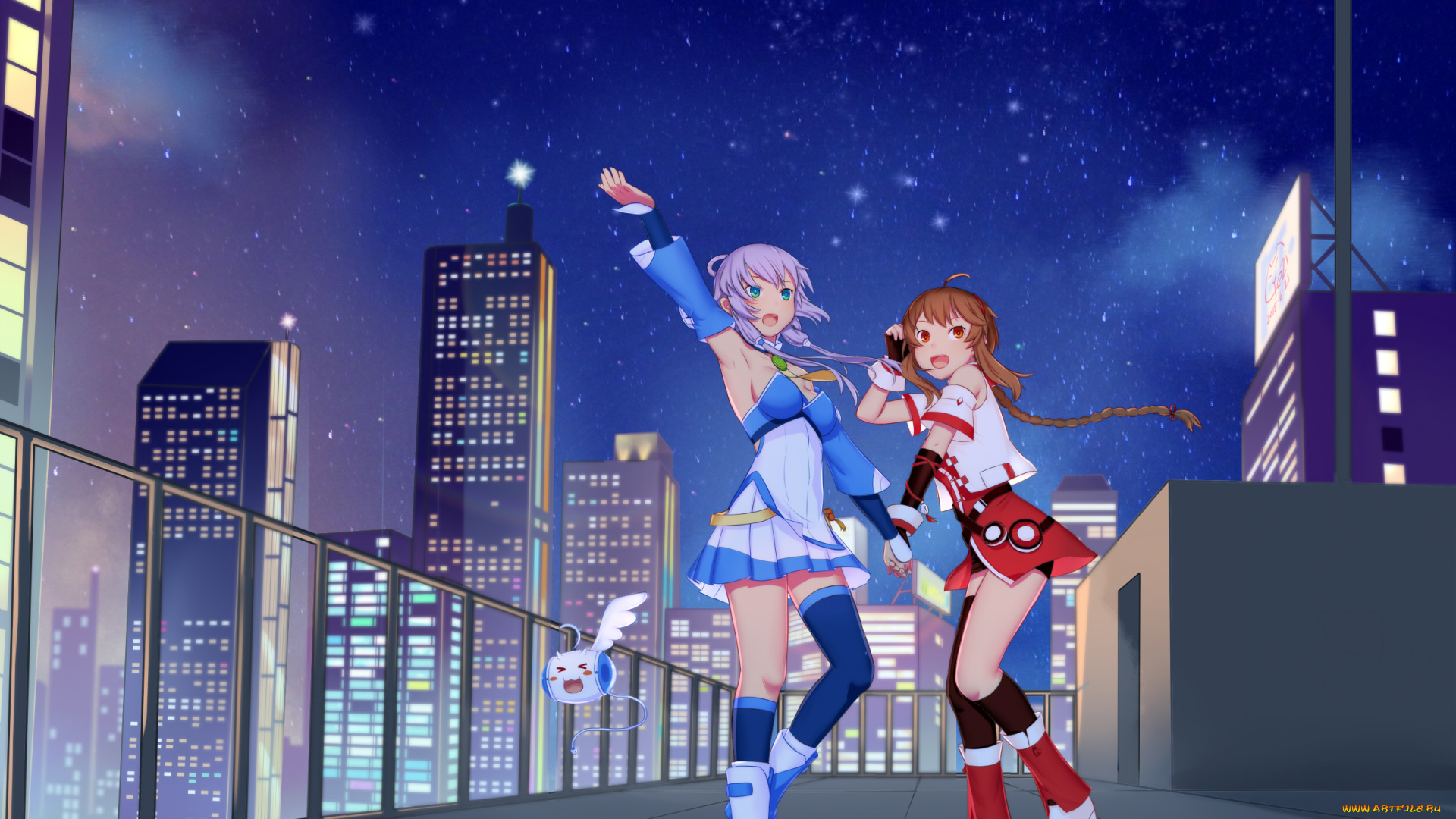 аниме, vocaloid, здания, yuezheng, ling, звёздное, небо, china, luo, tianyi, tian, dian, ночь, dongqing, zaozigao, девочки, город, арт