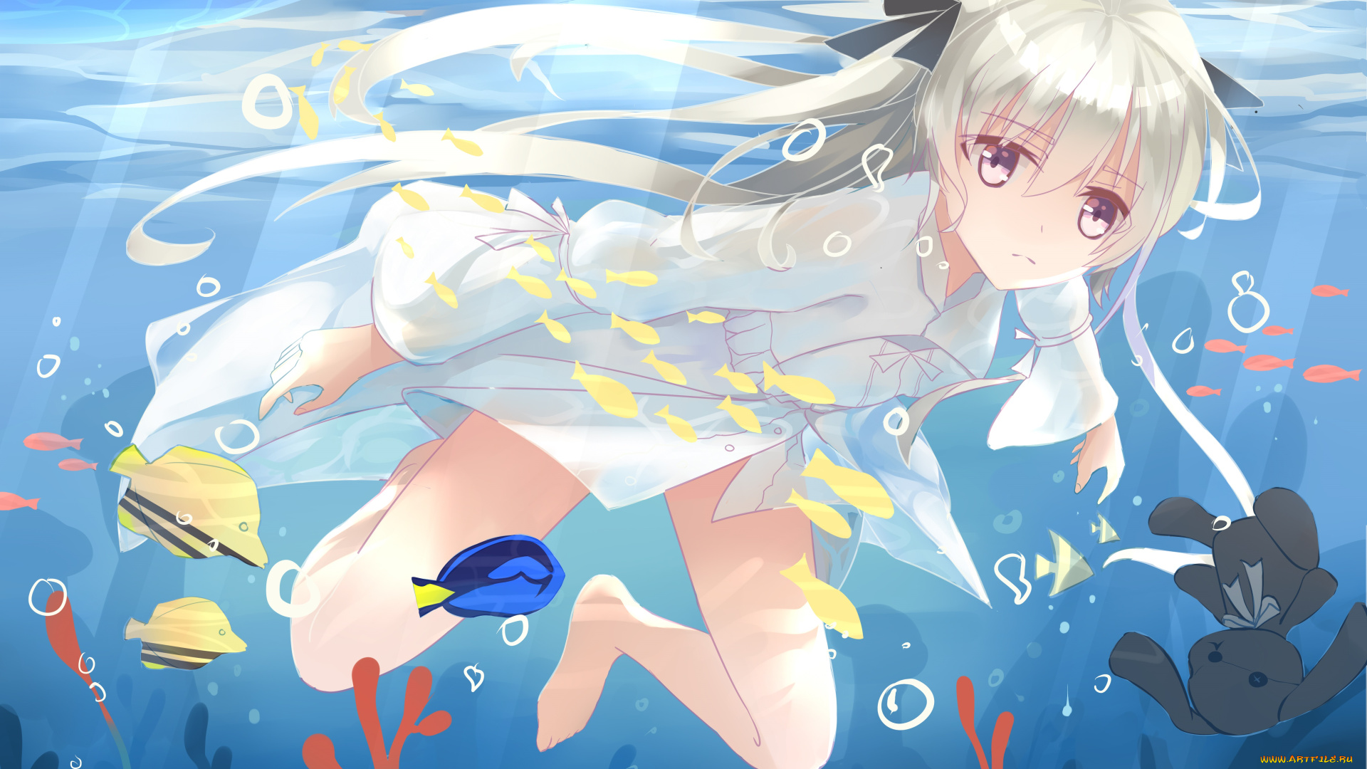 аниме, yosuga, no, sora, yosuga, no, sora, kasugano, l-l, арт, вода, рыбки, девочка, взгляд