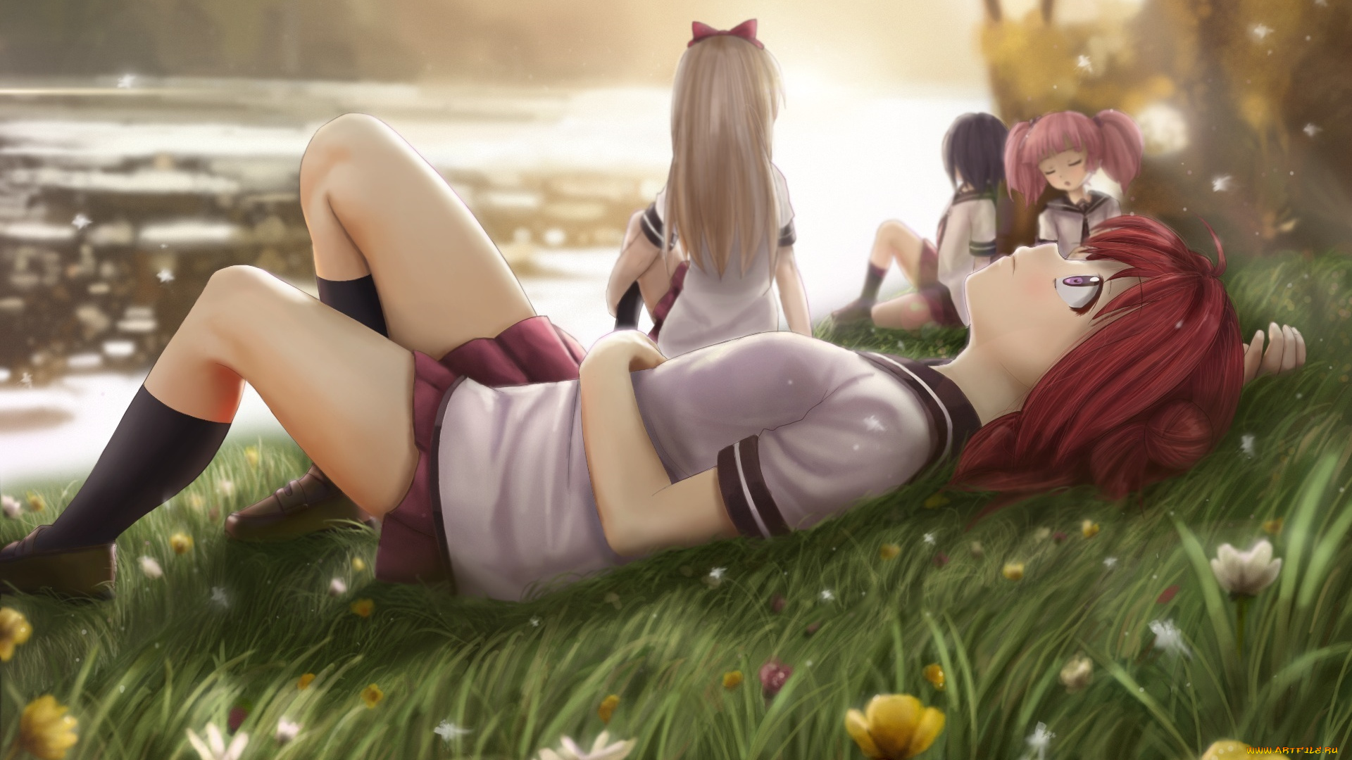 аниме, yuru, yuri, арт, akaza, akari, novcel, yoshikawa, chinatsu, funami, yui, toshinou, kyouko, луг, девушки, yuru, yuri