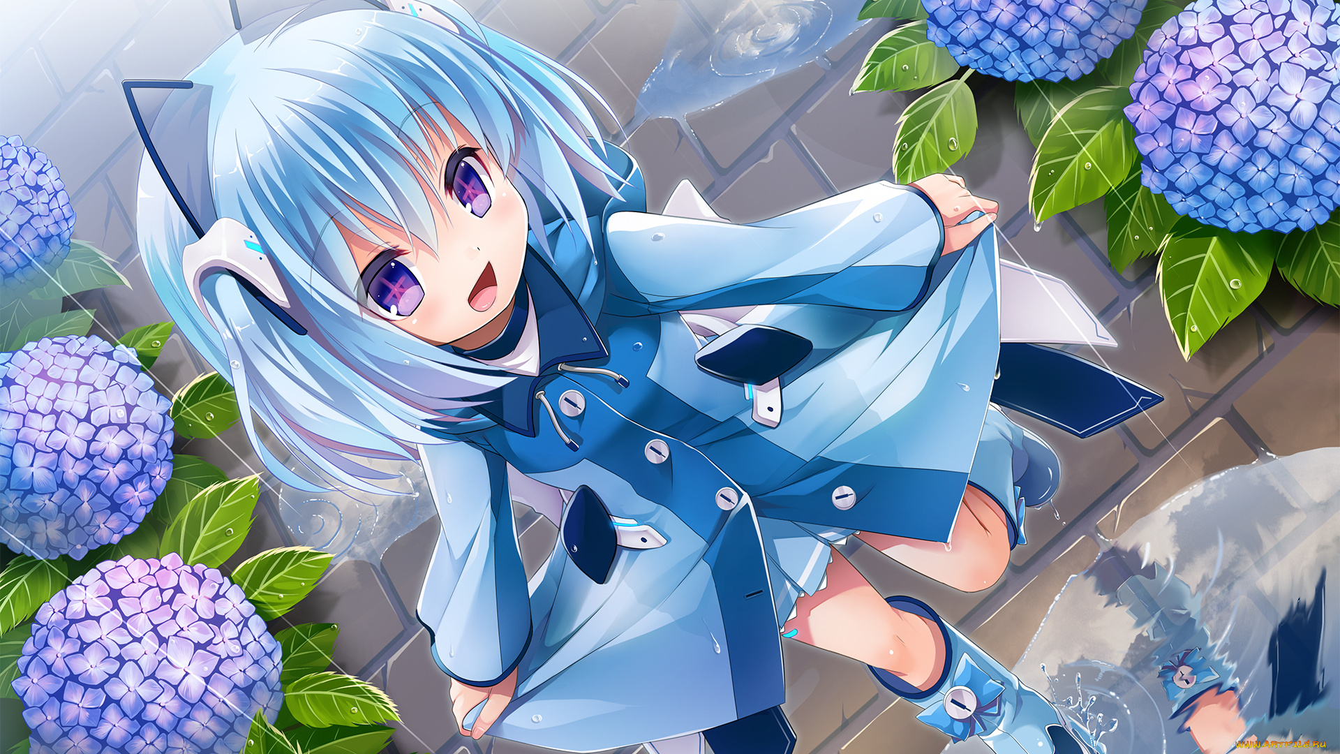 аниме, животные, , существа, 1000-chan, ушки, лужи, цветы, девочка, арт, sanshou