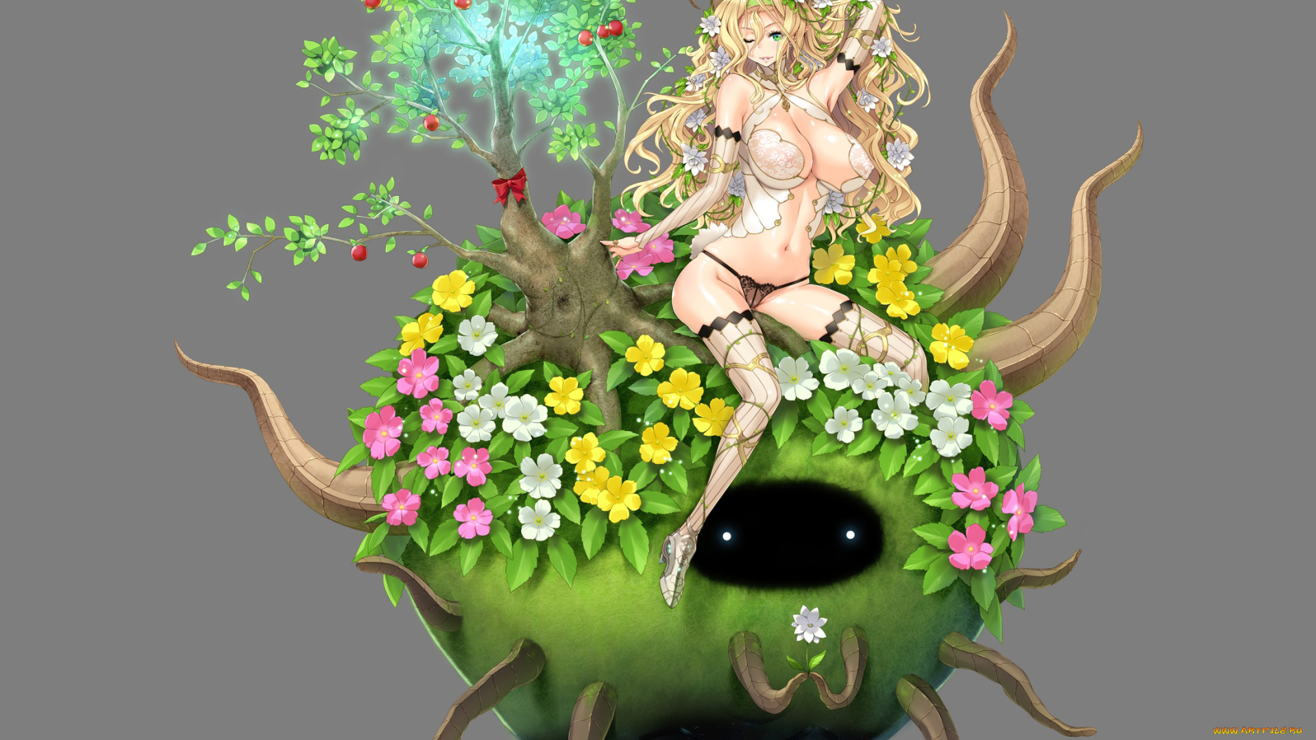 аниме, животные, , существа, глаза, чулки, свет, кольцо, корни, земля, дерево, бант, яблоки, нимфа, нижнее, белье, цветы, растения, девушка, рога