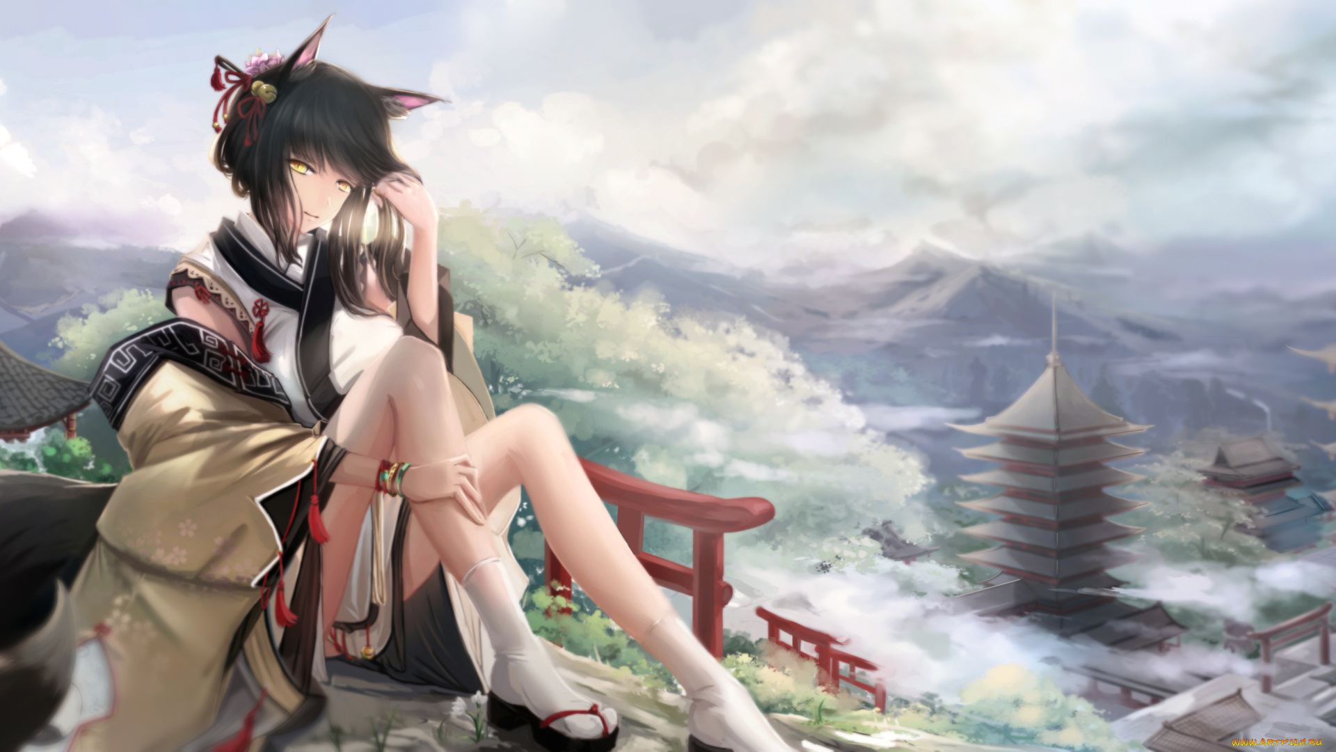 аниме, животные, , существа, город, ушки, взгляд, девушка, арт, kikivi