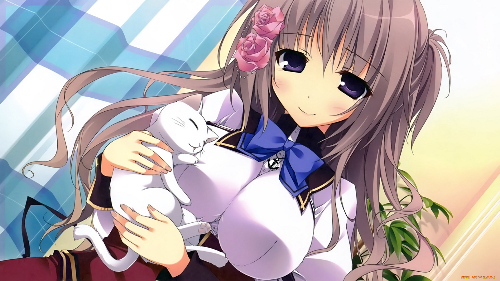 аниме, животные, , существа, розы, кошка, девушка, арт, morerin