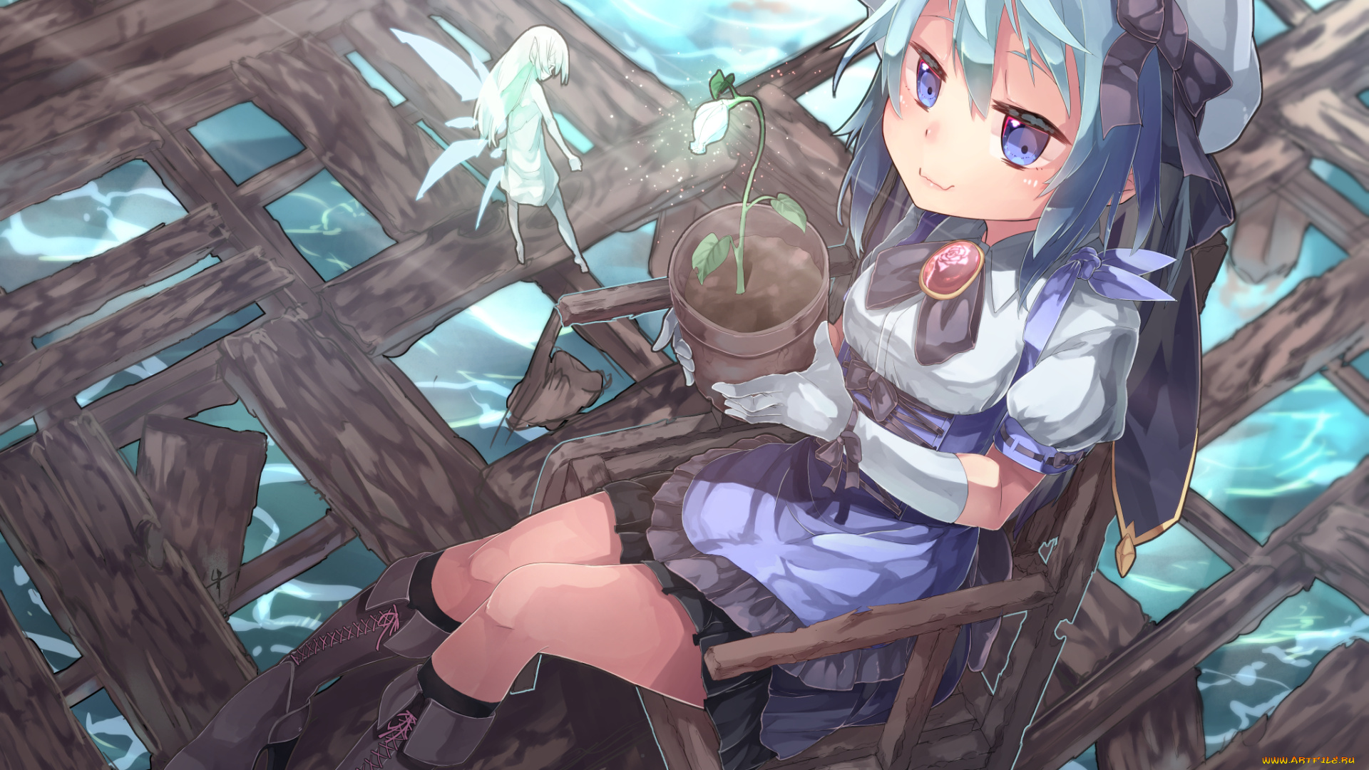 аниме, животные, , существа, saraki, горшок, фея, девочка, стул, арт, цветок