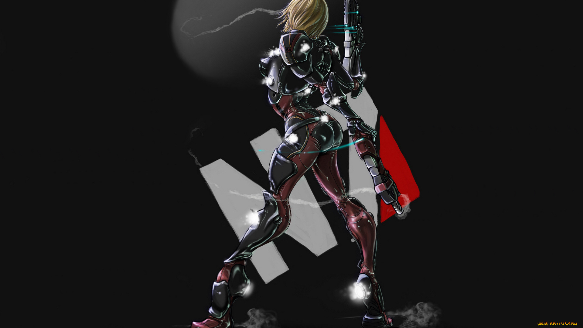 n7, видео, игры, mass, effect, девушка, костюм, дым, простой, фон, оружие, mass, effect