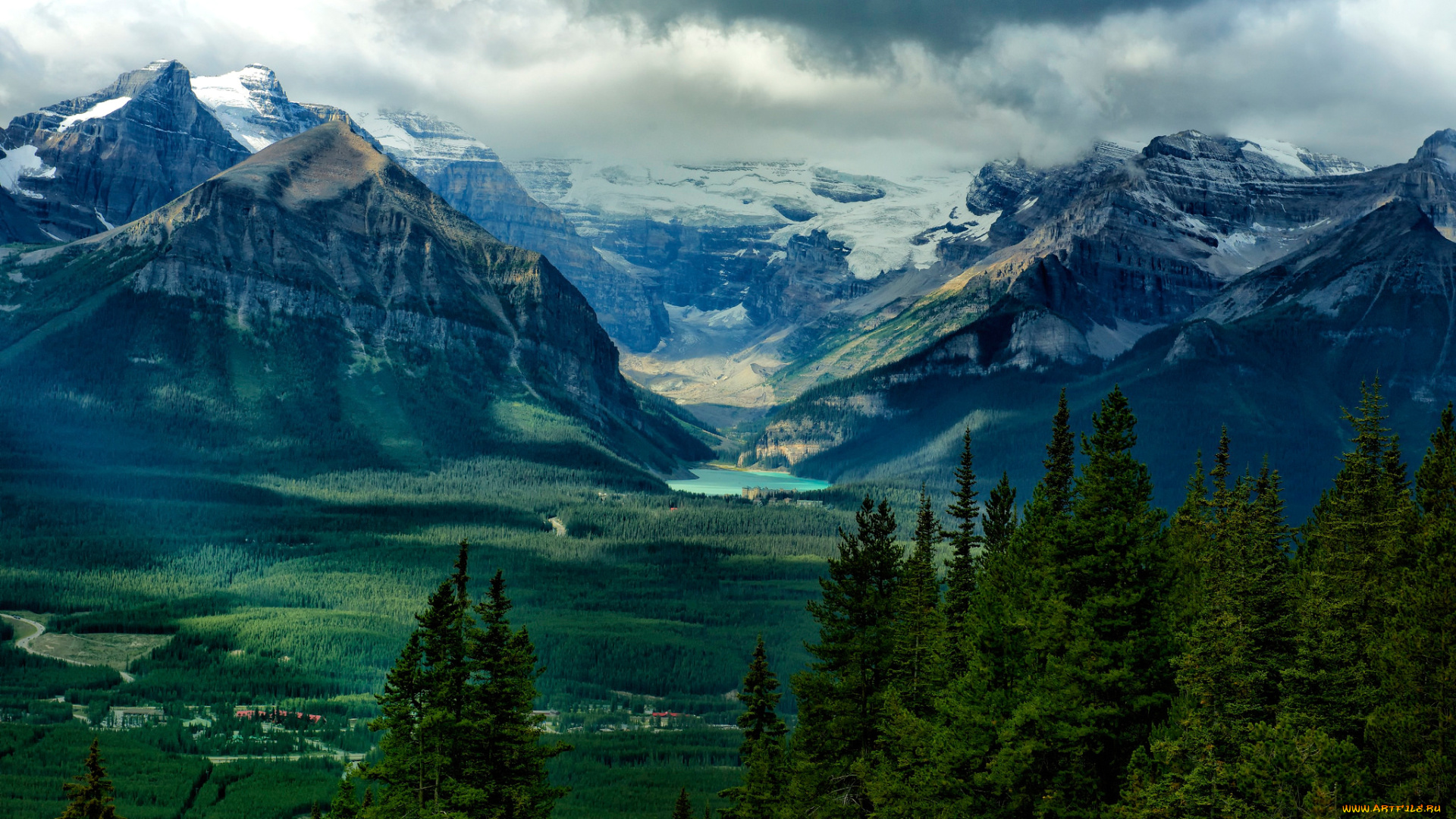 природа, горы, лес, озеро, дома, деревья, небо, тучи, долина