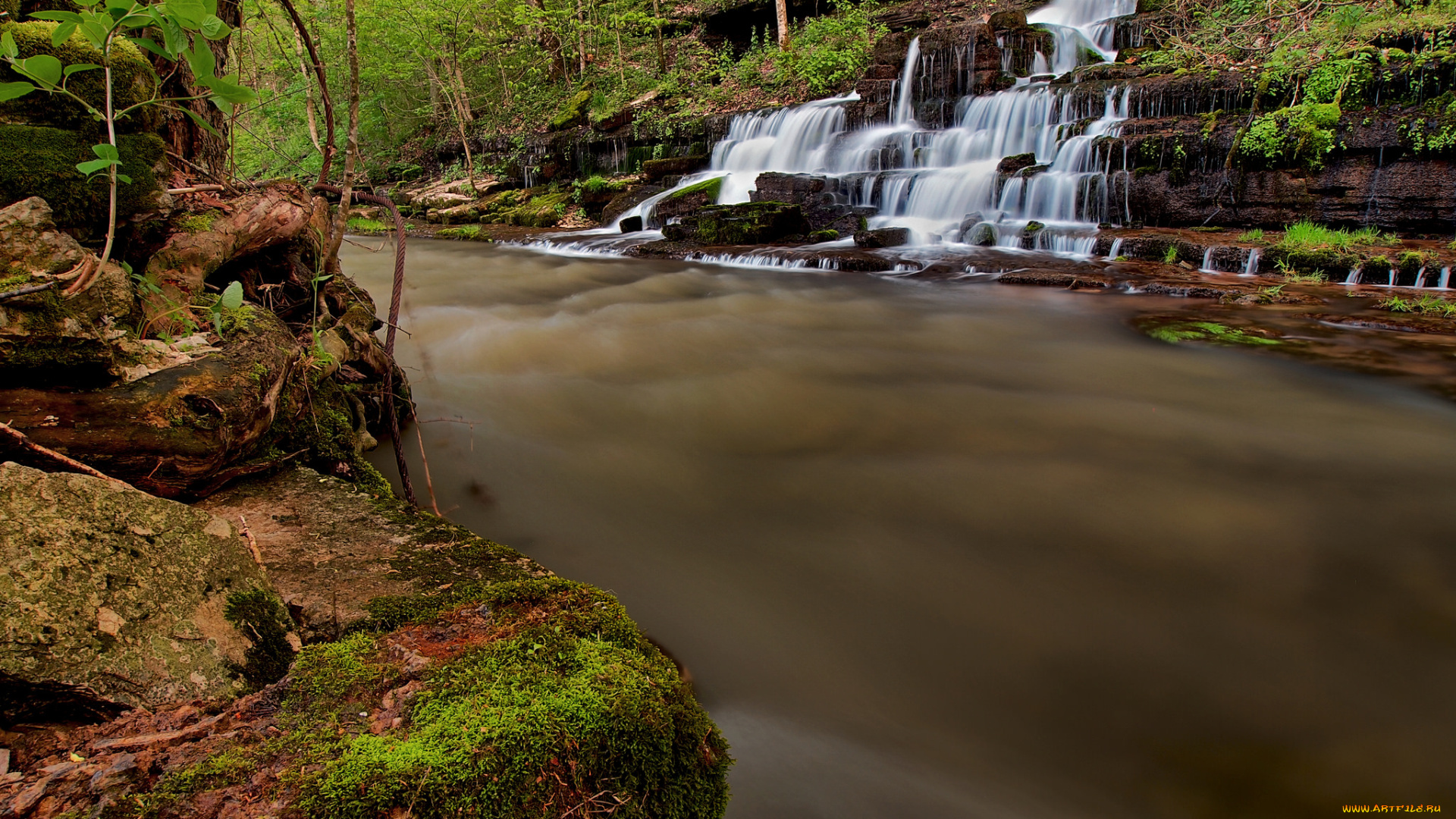 природа, водопады, река, водопад, лес