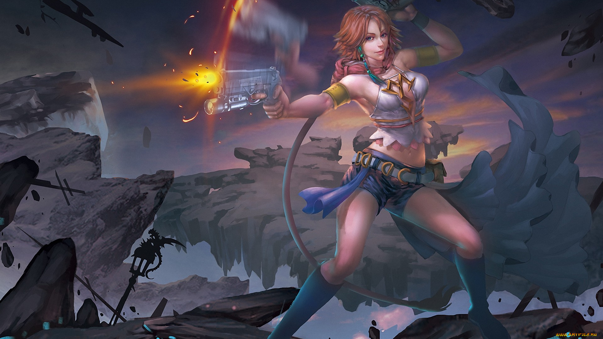 видео, игры, final, fantasy, ii, арт, xing, ye, final, fantasy, una, девушка, скалы, оружие, выстрел