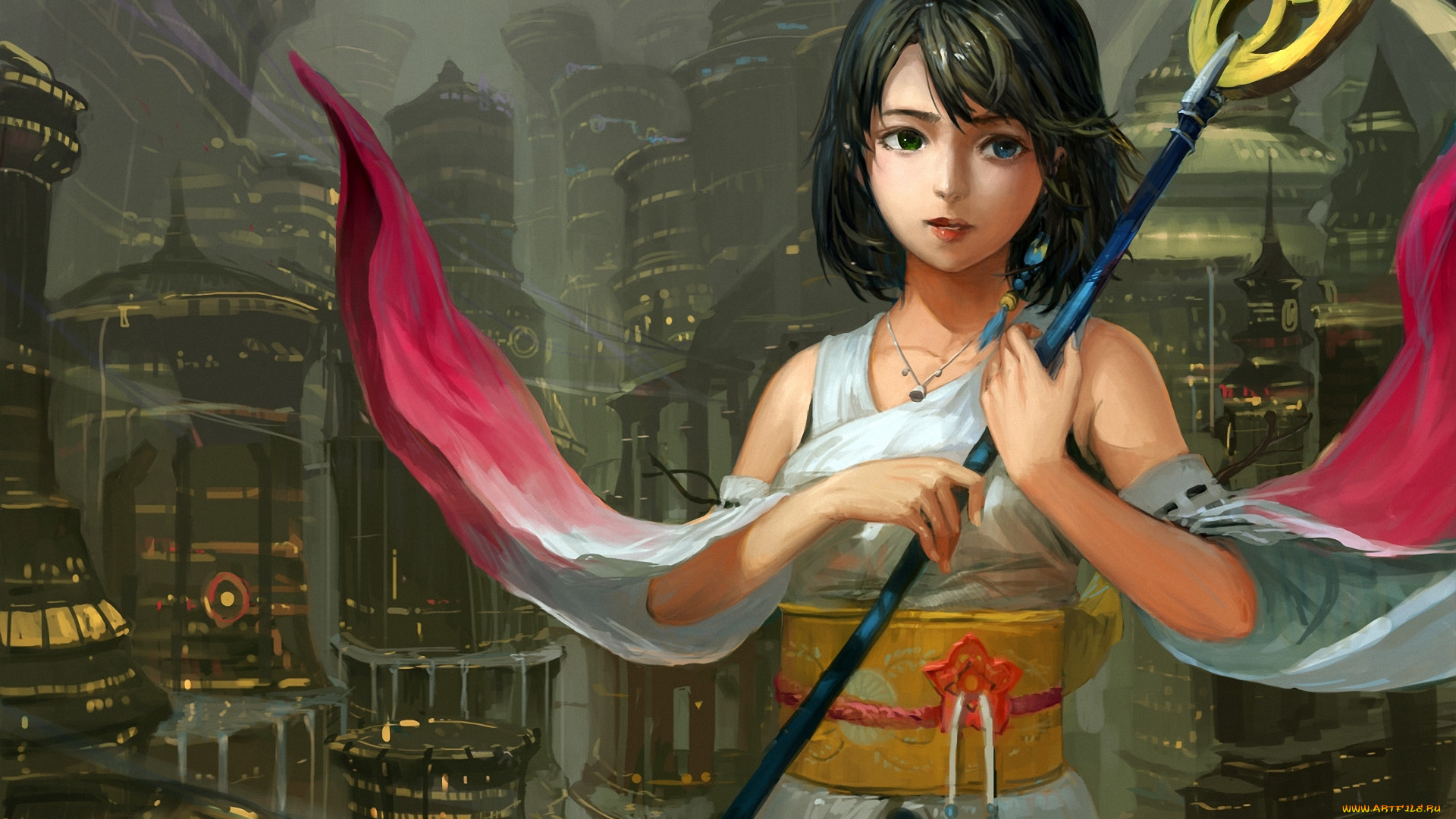 видео, игры, final, fantasy, x, арт, jeanex, final, fantasy, x, yuna, девушка, посох, город