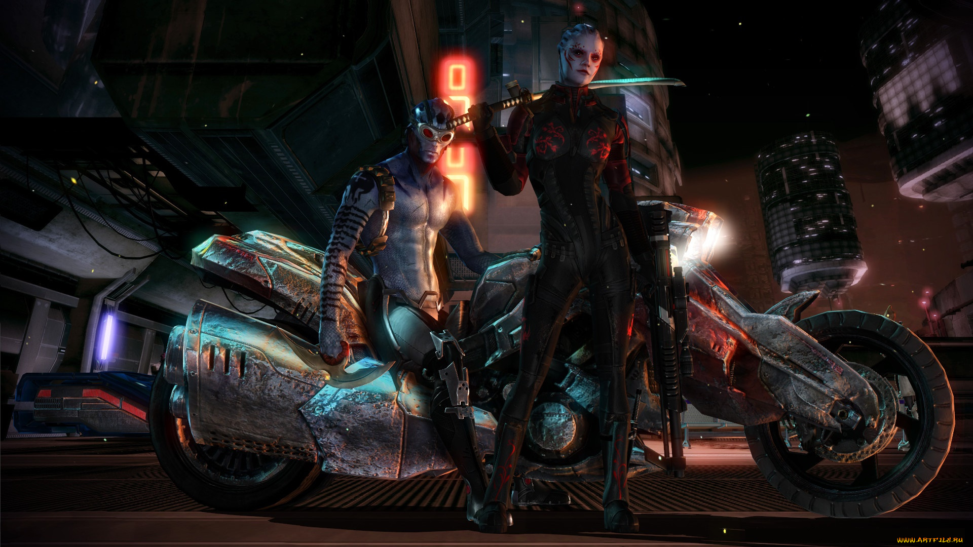 видео, игры, mass, effect, оружие, фон, взгляд, девушка, мотоцикл, персонаж