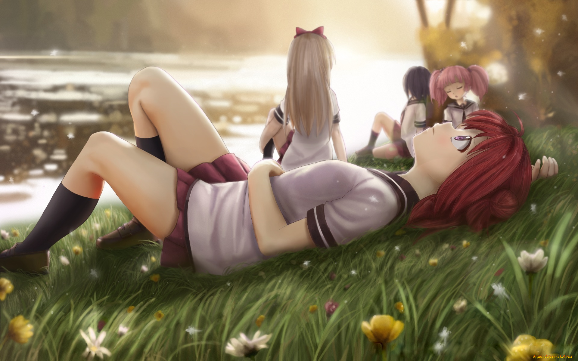 аниме, yuru, yuri, арт, akaza, akari, novcel, yoshikawa, chinatsu, funami, yui, toshinou, kyouko, луг, девушки, yuru, yuri