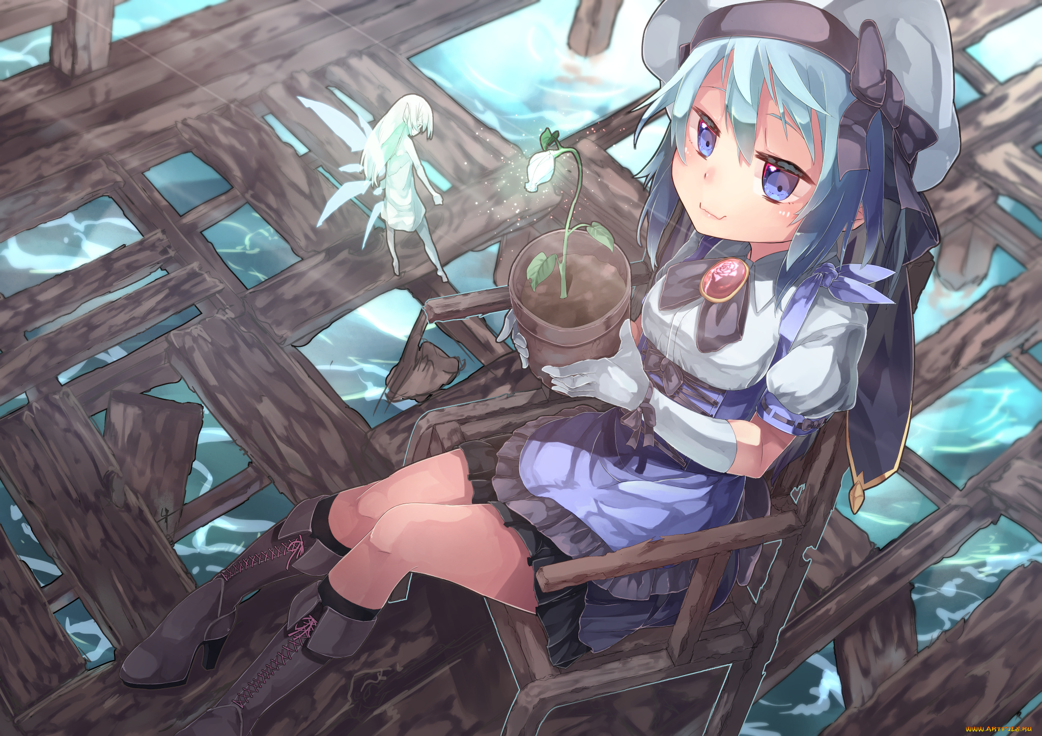 аниме, животные, , существа, saraki, горшок, фея, девочка, стул, арт, цветок