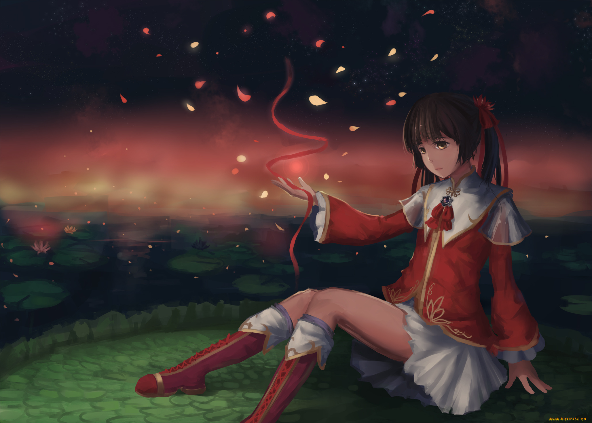 аниме, unknown, , другое, ночь, девушка, арт, newnand, лепестки, лента