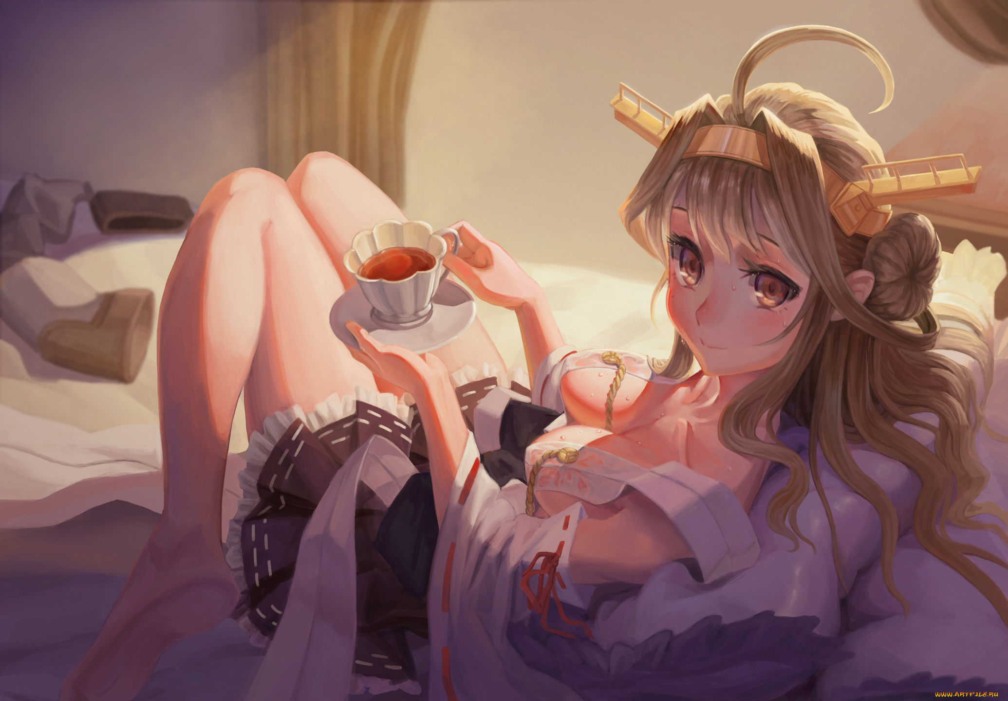 аниме, kantai, collection, чашка, чай, взгляд, kancolle, ecien, kongou, kantai, collection, девушка, арт