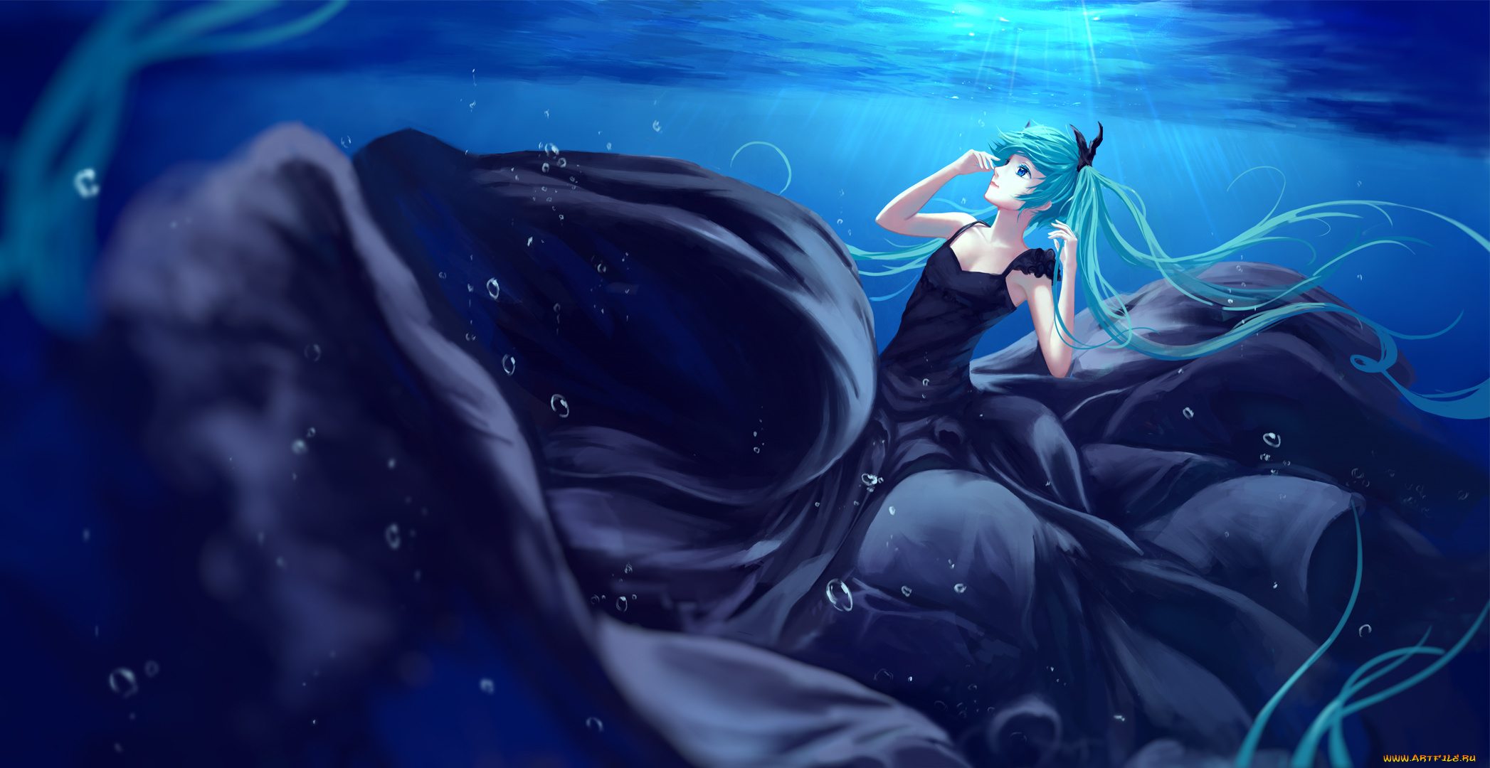 аниме, vocaloid, лучи, пузырьки, вода, платье, арт, девушка, sombernight, hatsune, miku