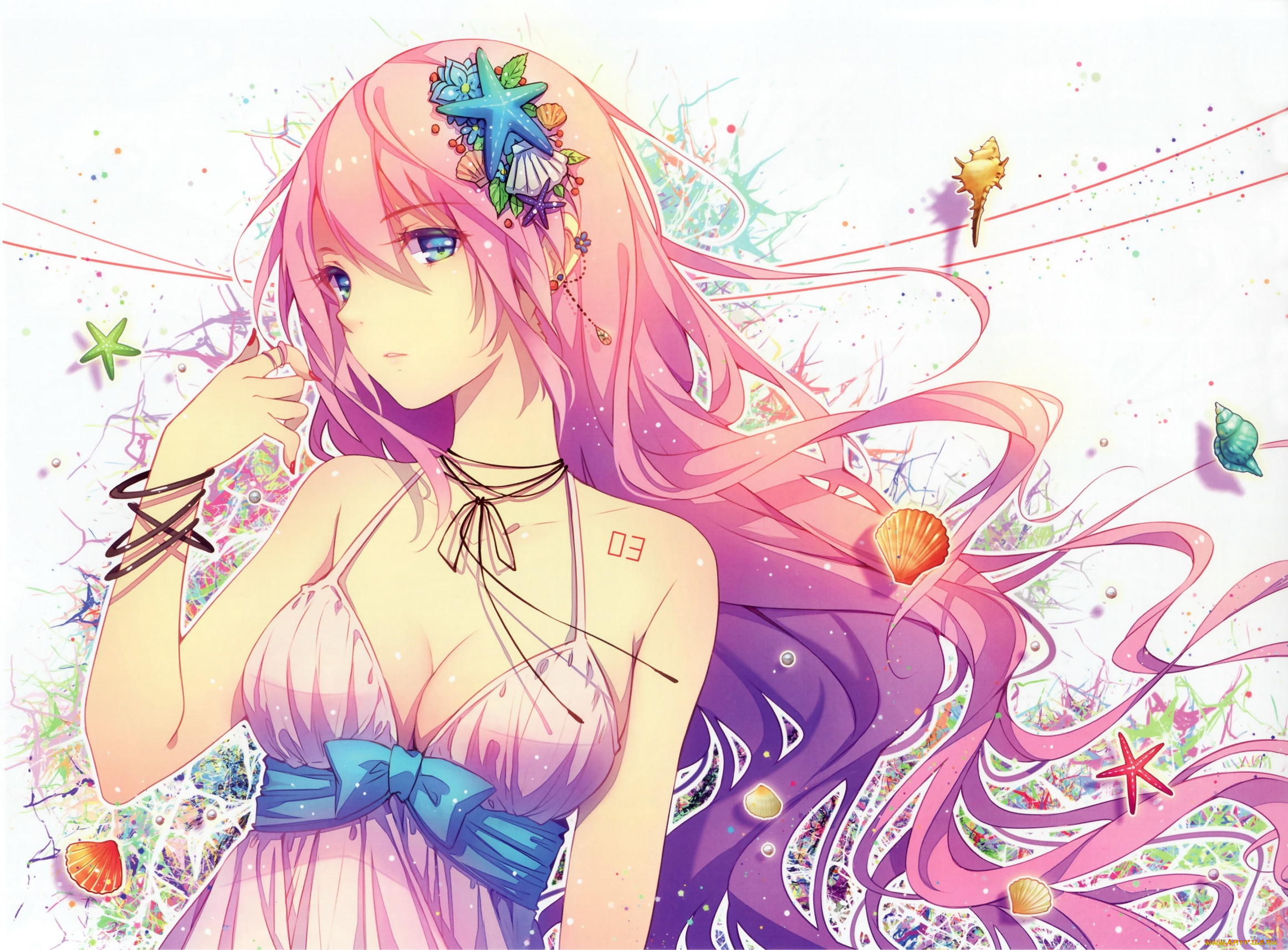 аниме, vocaloid, megurine, luka, tidsean, арт, ракушки, морская, звезда, девушка