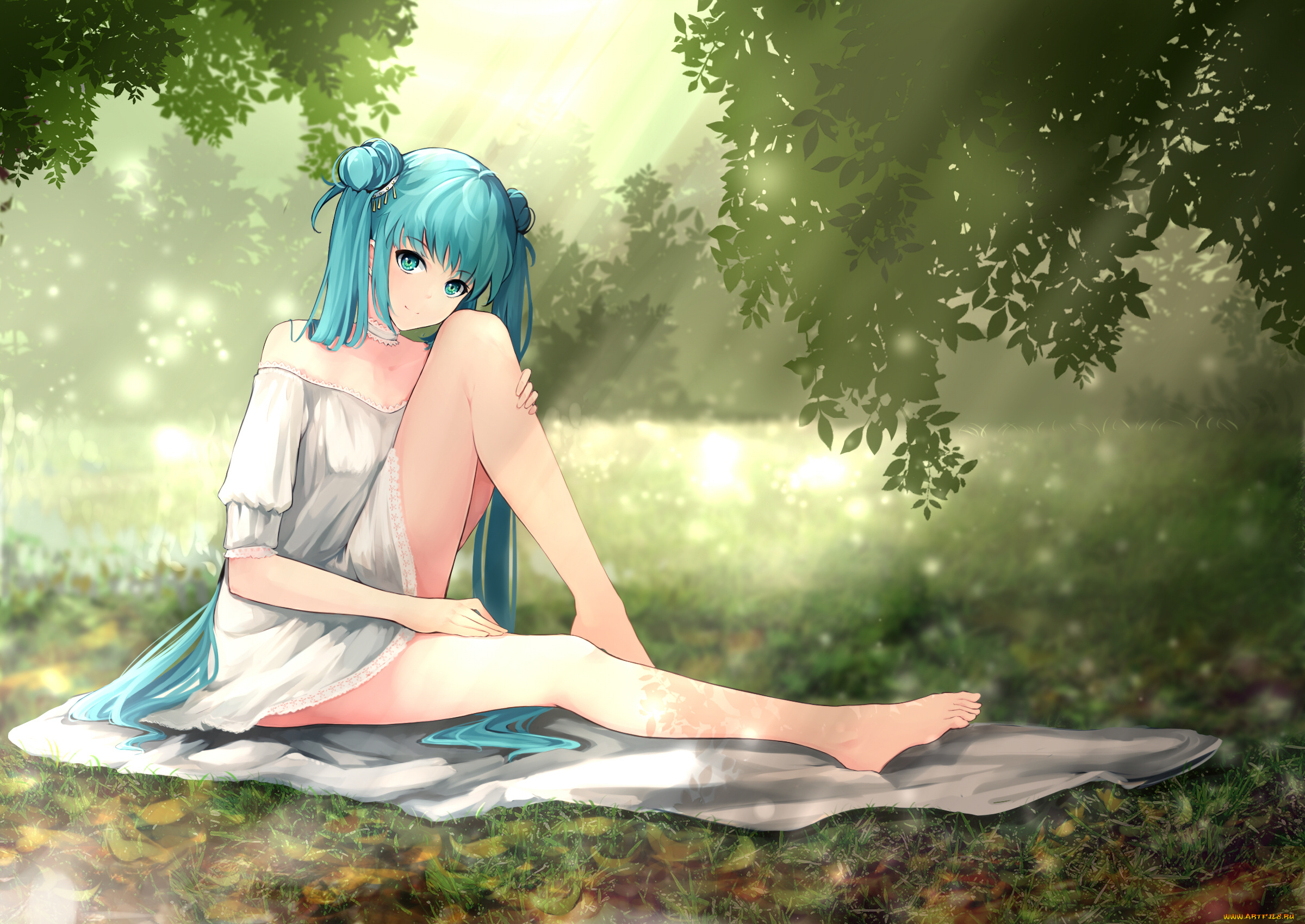 аниме, vocaloid, арт, dre, hatsune, miku, природа, полянка, девушка