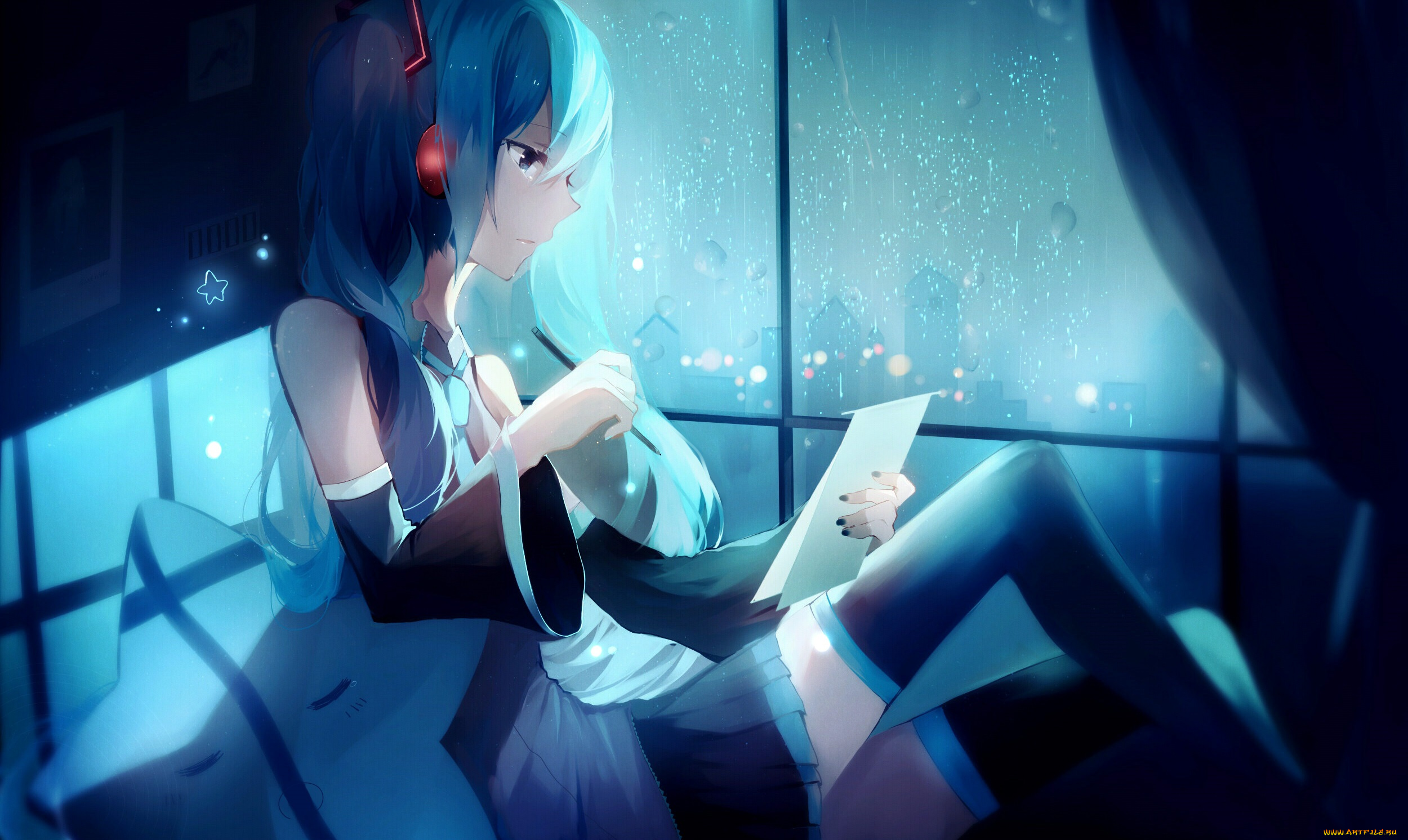 аниме, vocaloid, девушка, окно, ночь, арт, лист, карандаш, lococo-p, hatsune, miku