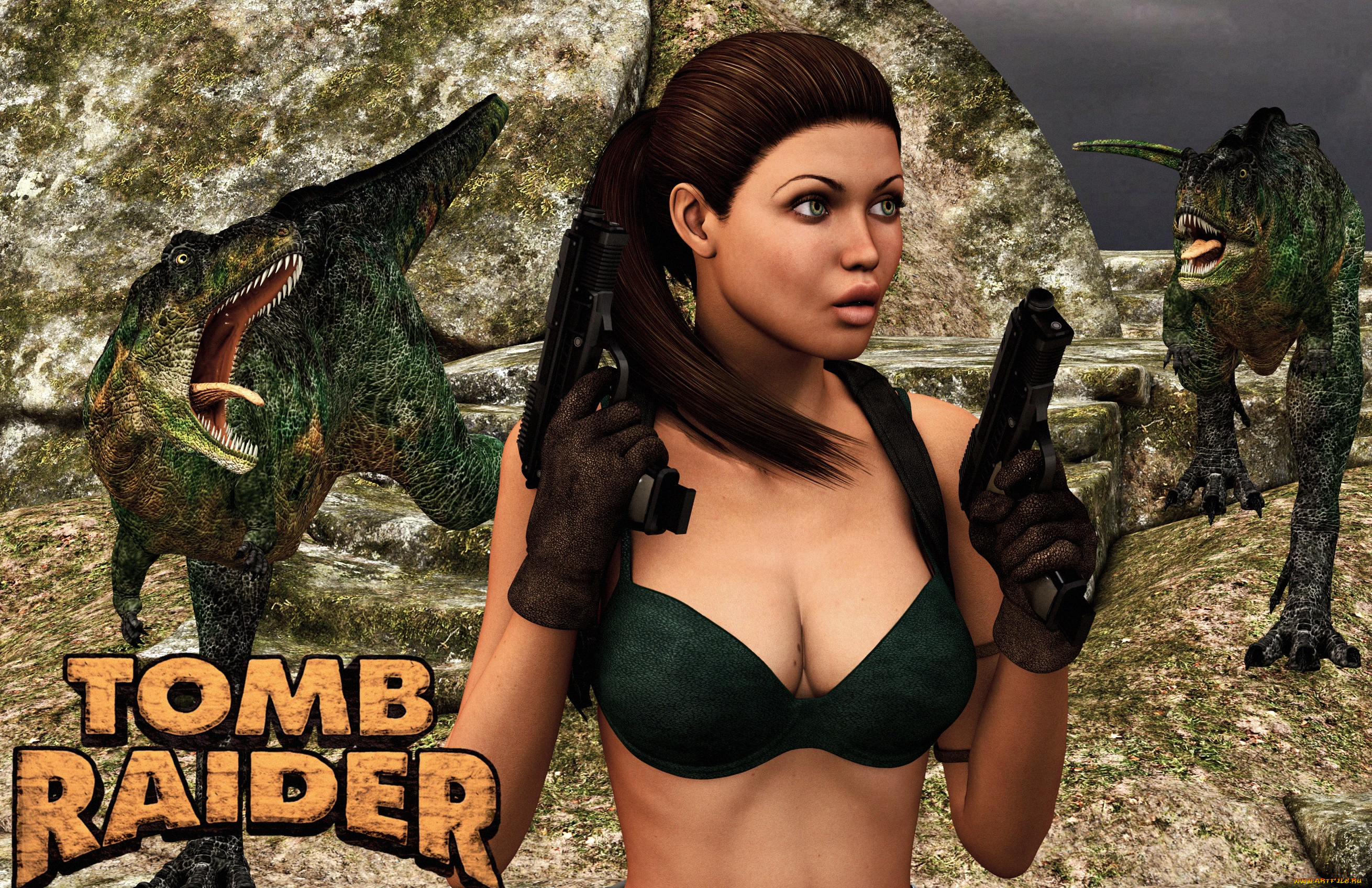 видео, игры, tomb, raider, 2013, динозавр, оружие, фон, девушка, взгляд