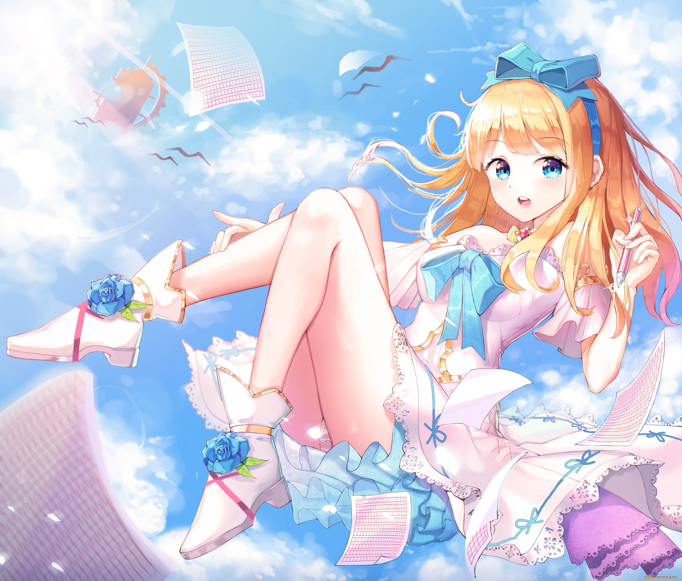 аниме, unknown, , другое, листы, ручка, девушка, небо, арт, shoonear