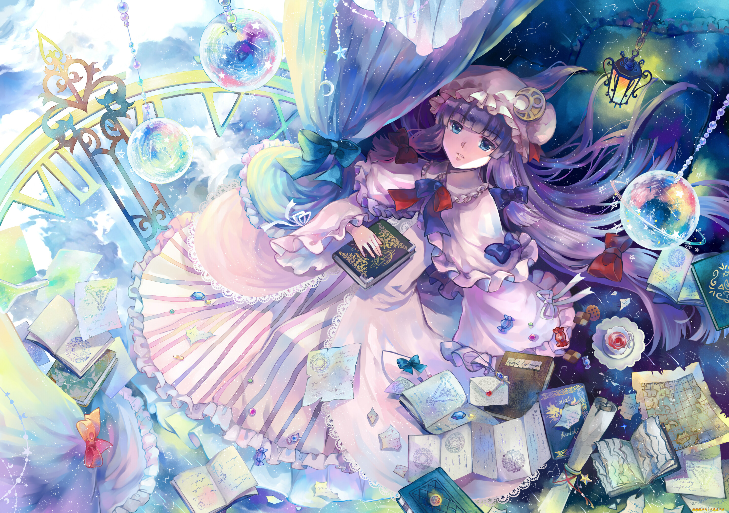 аниме, touhou, арт, книги, часы, фонарь, ekita, gen, patchouli, knowledge, взгляд, девочка