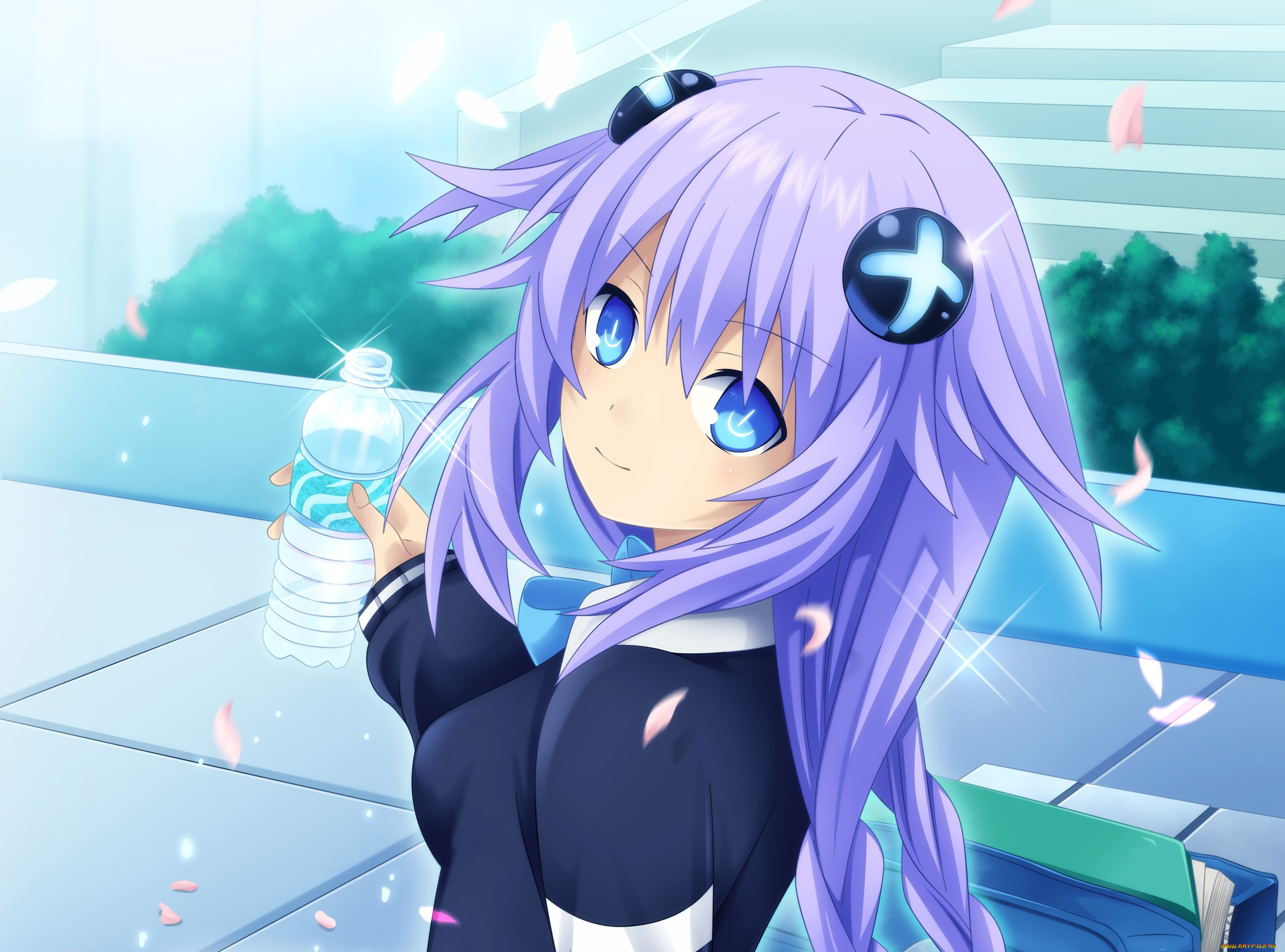 аниме, hyperdimension, neptunia, взгляд, hyperdimension, neptunia, девушка, бутылка, purple, heart, арт, planeptune