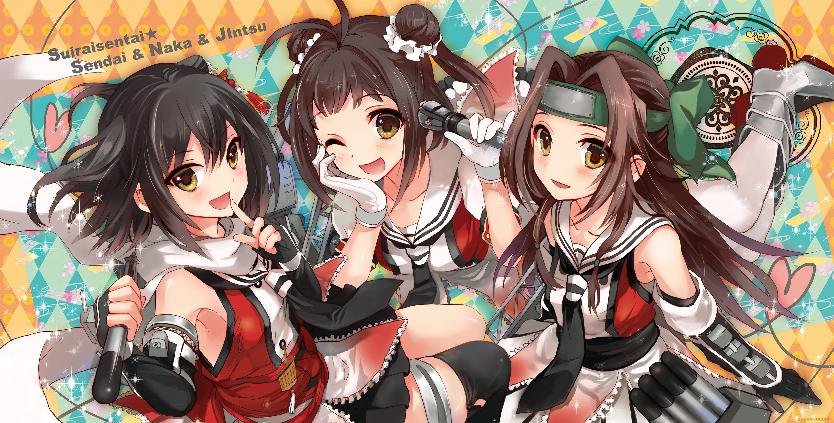 аниме, kantai, collection, kantai, collection, jintsuu, kancolle, naka, sendai, musou, yuchi, арт, девушки
