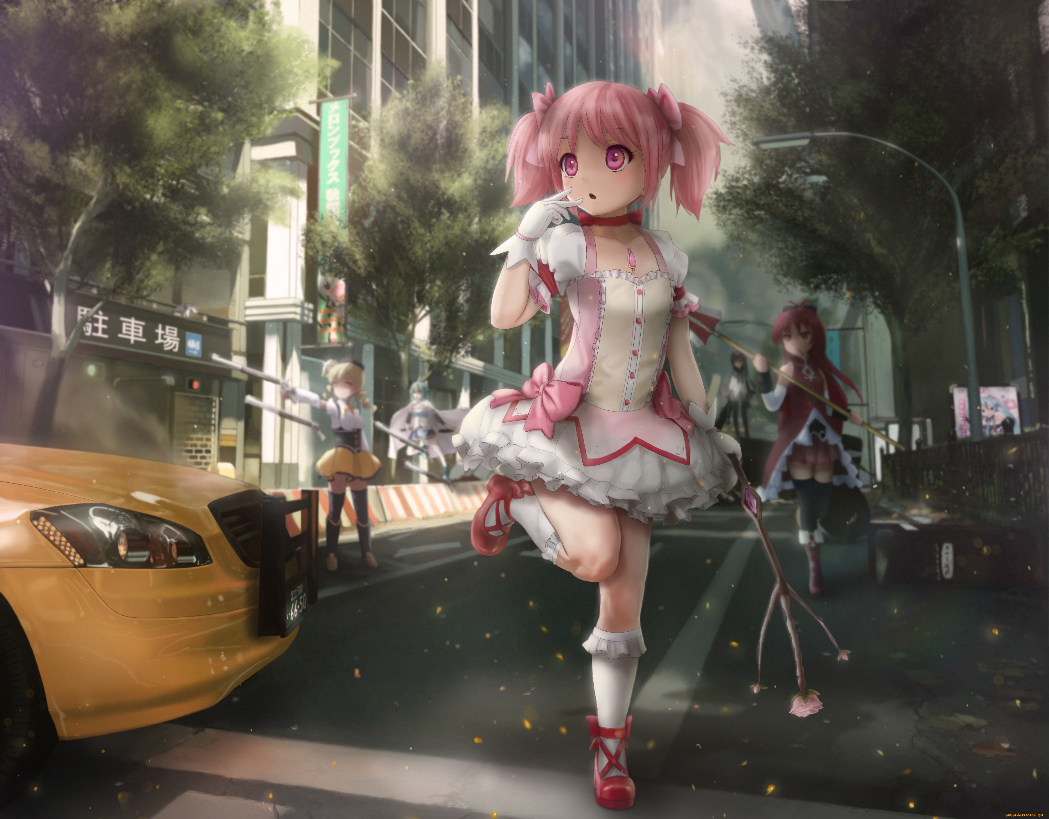 аниме, mahou, shoujo, madoka, magika, фонари, улица, девочки, город, арт, автомобиль, mahou, shoujo, madoka, magica, novcel, деревья