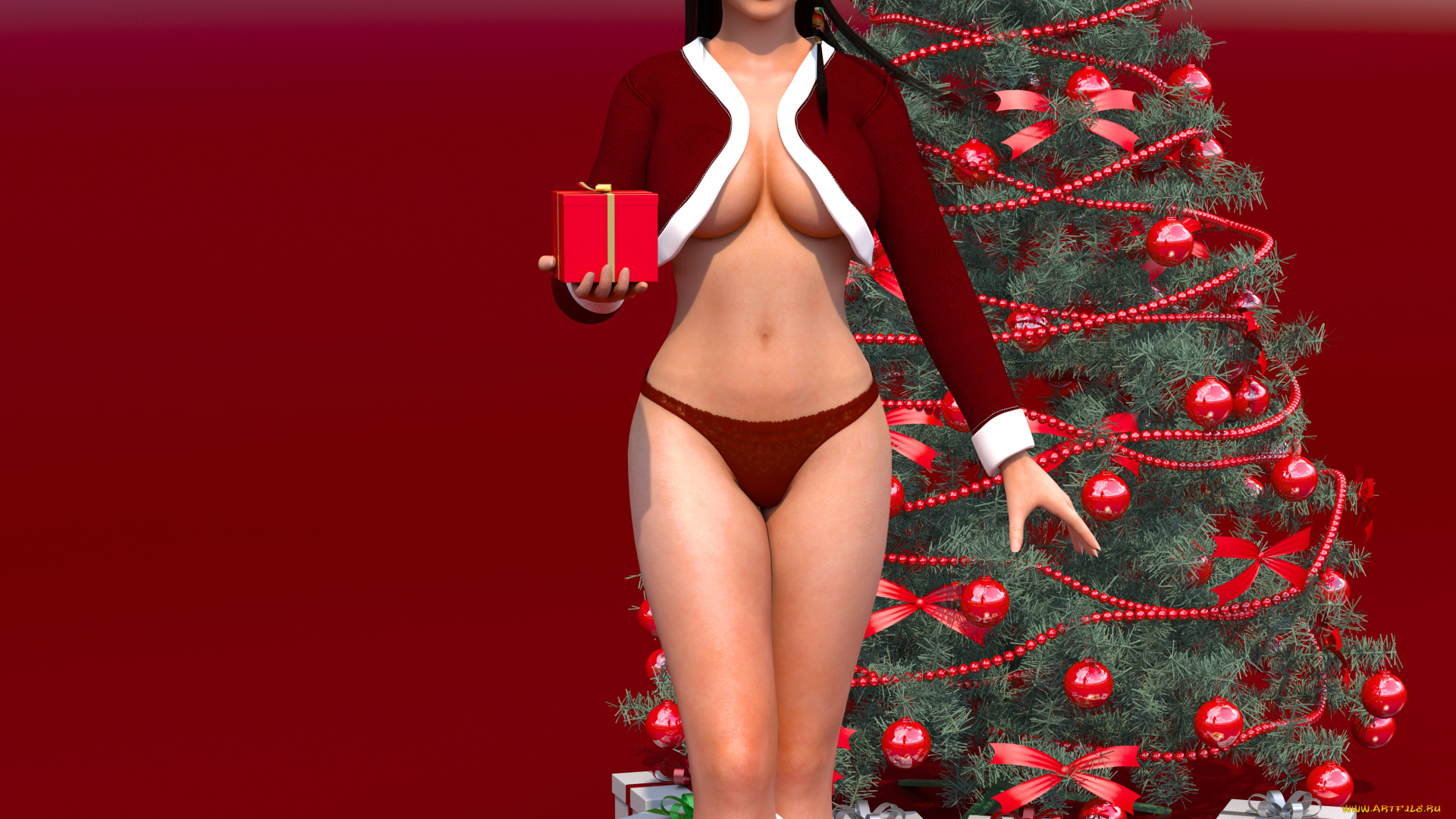 3д, графика, праздники, , holidays, елка, фон, взгляд, девушка, подарки