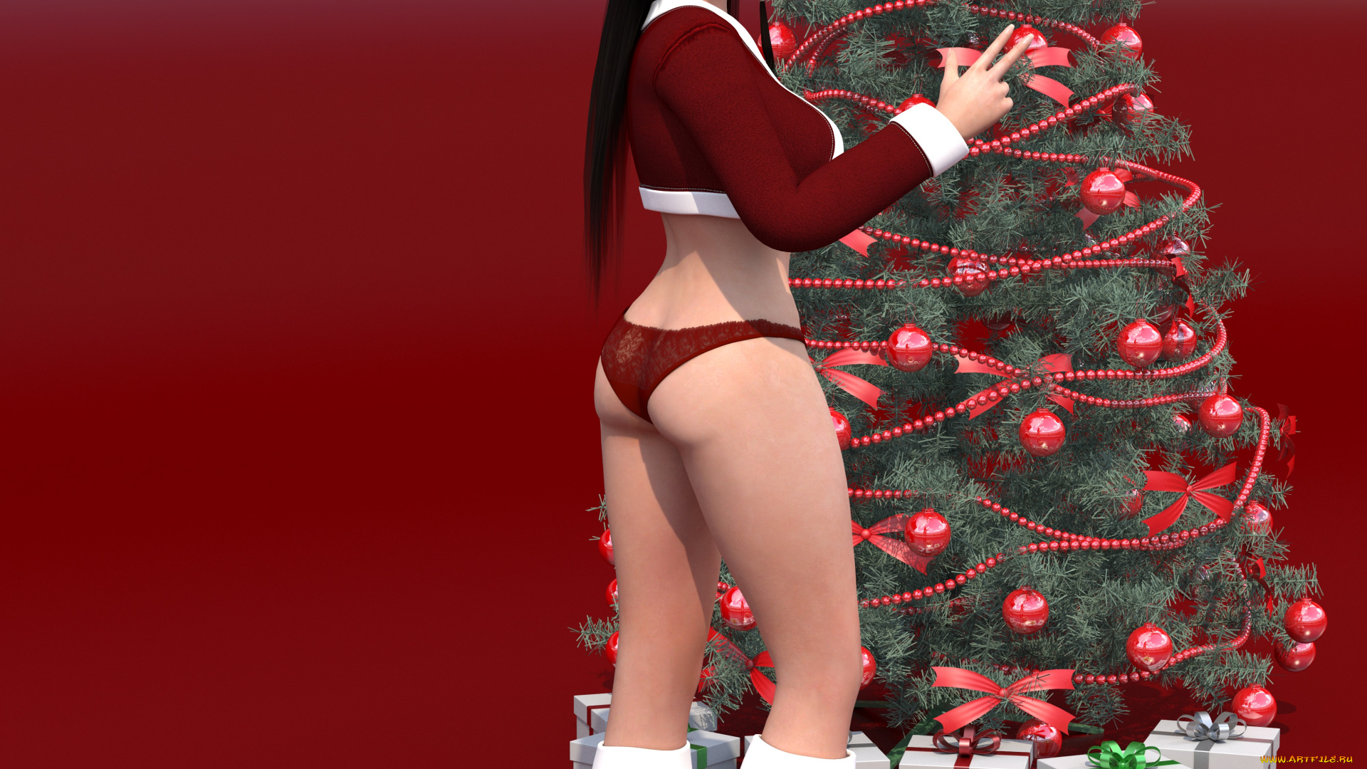 3д, графика, праздники, , holidays, подарки, елка, фон, взгляд, девушка