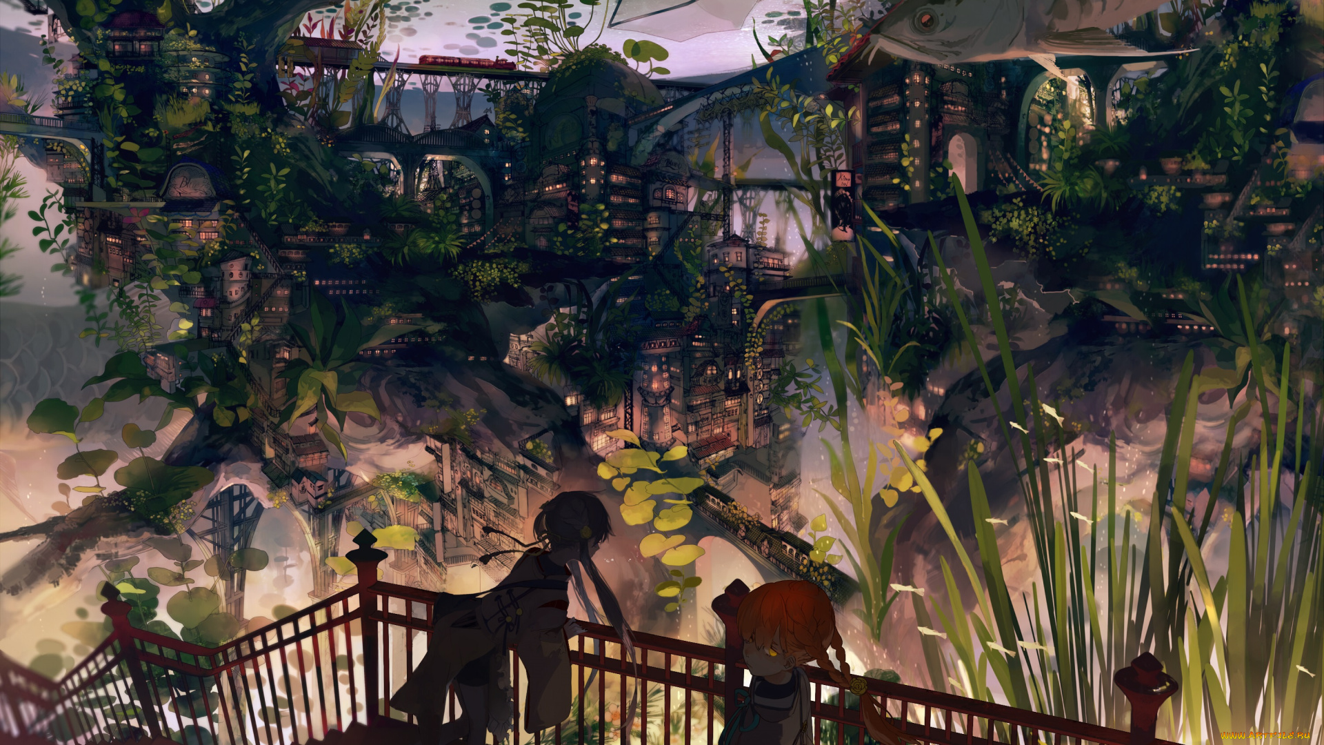 аниме, город, , улицы, , здания, лес, девушка