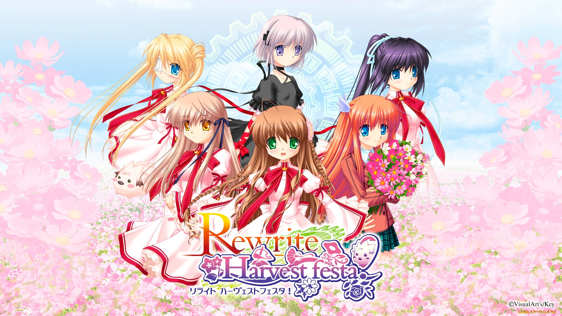 аниме, rewrite, девушки, взгляд, фон