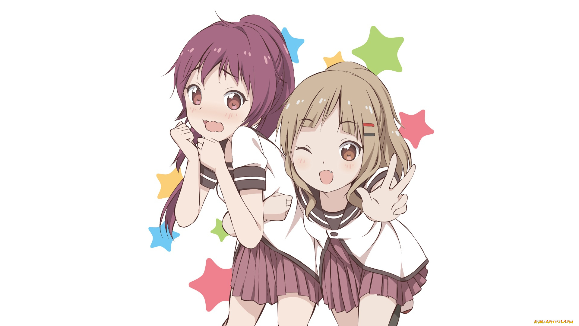 аниме, yuru, yuri, взгляд, девушки, фон