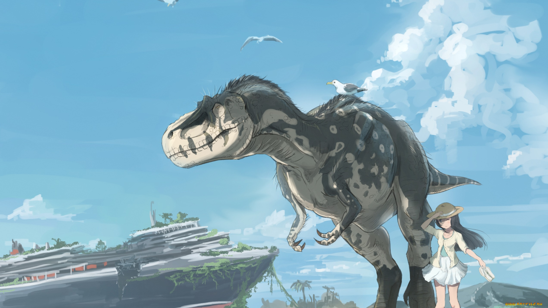 аниме, животные, , существа, девочка, динозавр