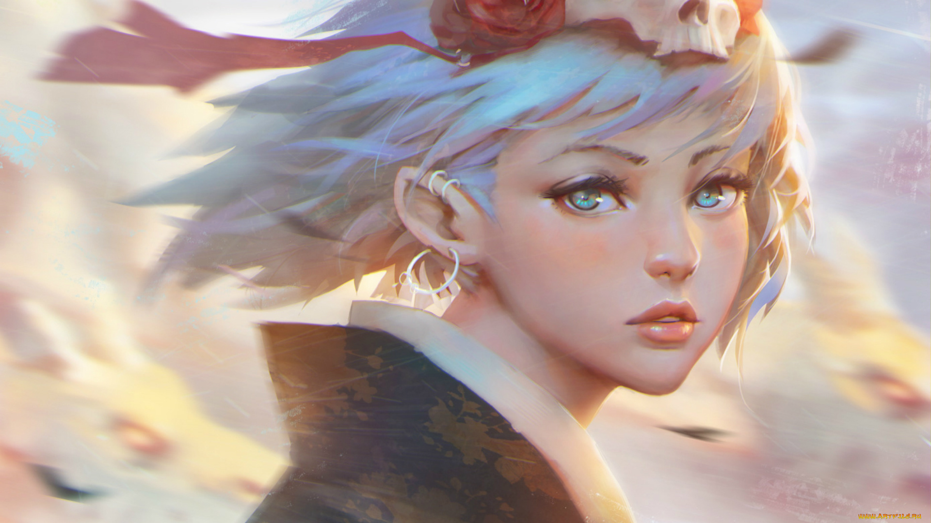 фэнтези, девушки, art, пирсинг, взгляд, ушки, эльф, девочка, голубые, волосы, ветер, лицо, череп, кимоно, guweiz