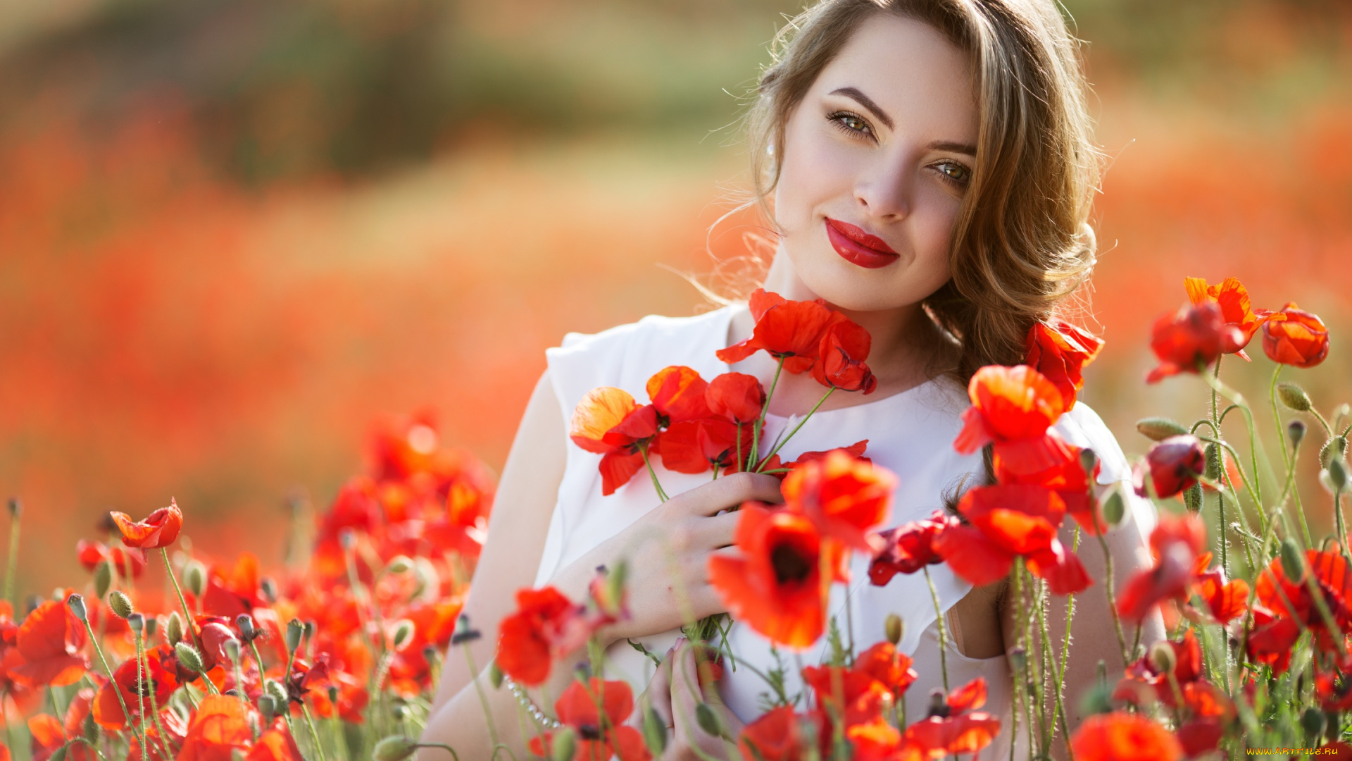 девушки, -unsort, , брюнетки, , шатенки, боке, маки, девушка, цветы, руки, взгляд, венок