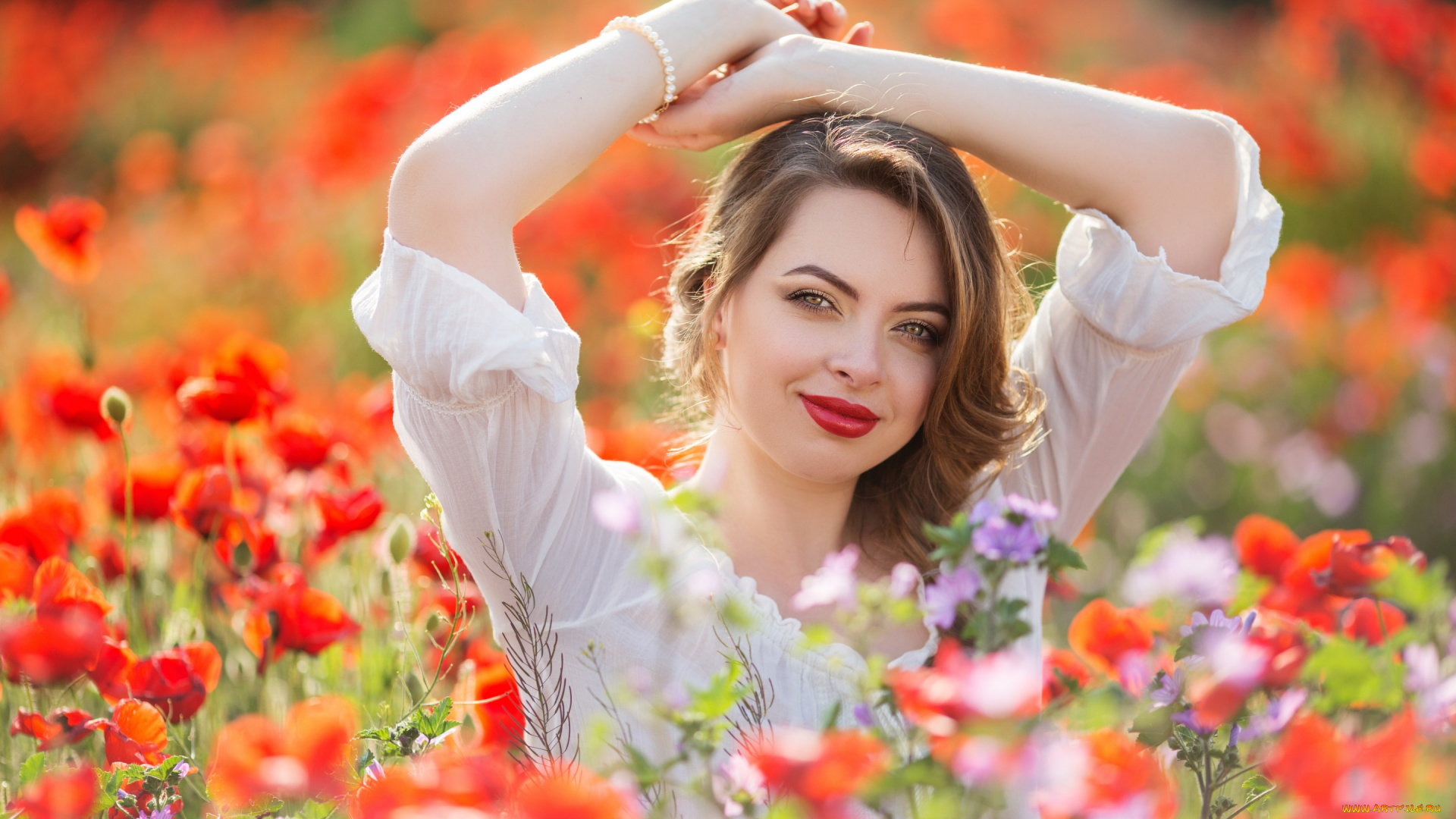 девушки, -unsort, , брюнетки, , шатенки, венок, боке, цветы, девушка, руки, взгляд, маки