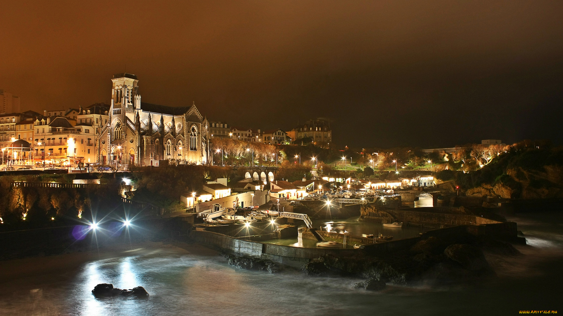 франция, города, -, огни, ночного, города, водоем, ночь, фонари, здания