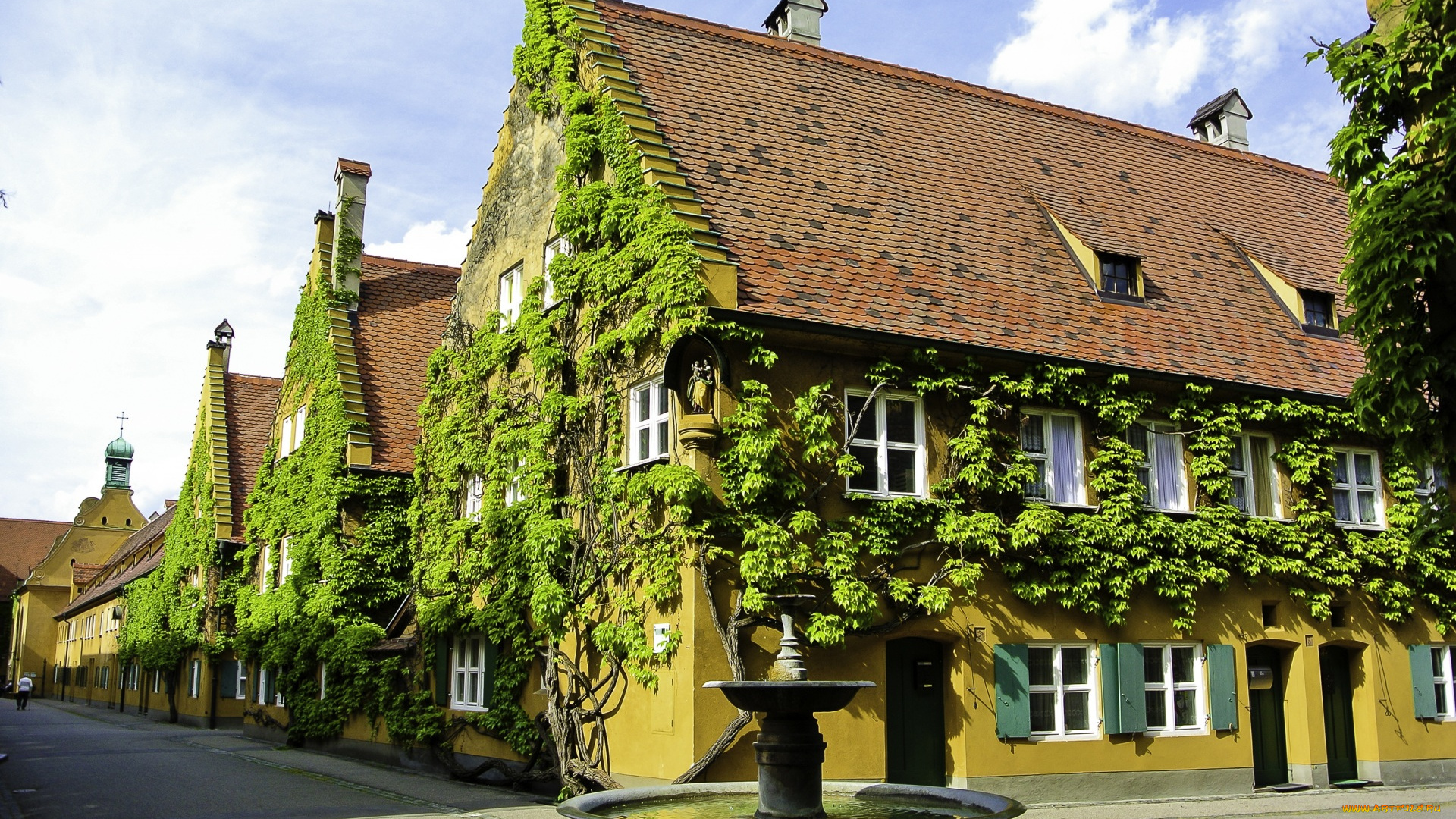 германия, города, -, здания, , дома, растения, улица, фонтан