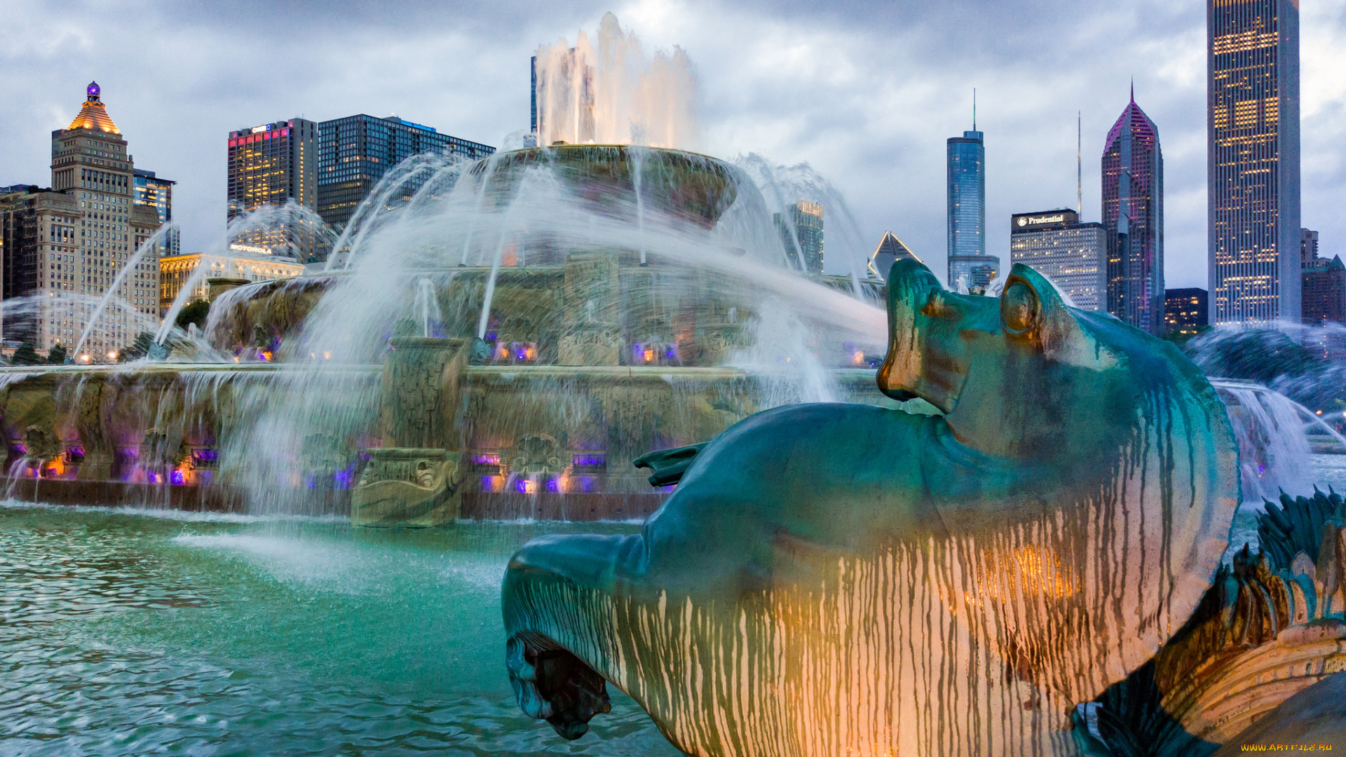 города, -, фонтаны, город, свет, вода, фигура, фонтан