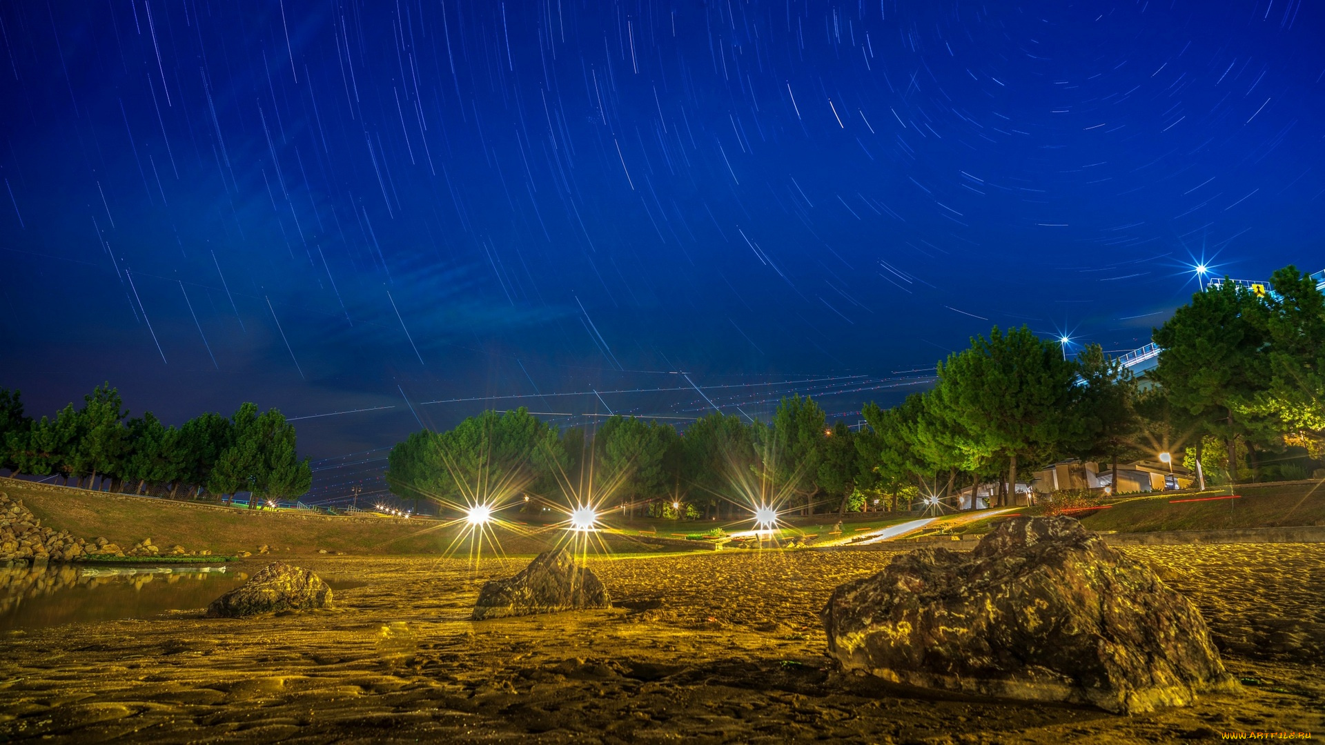 города, -, огни, ночного, города, деревья, камни, ночь, фонари