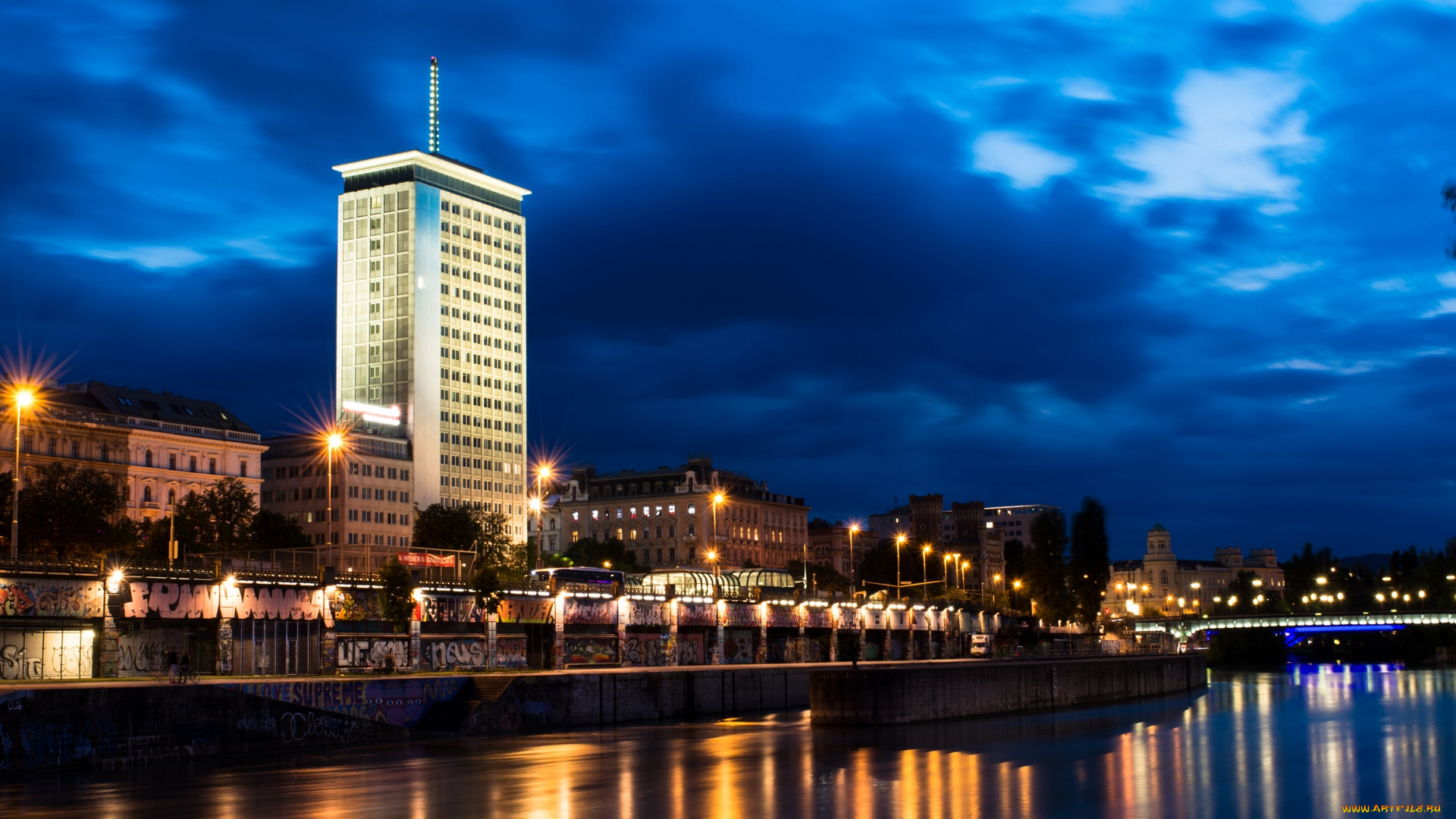 города, -, огни, ночного, города, здания, водоем, фонари, свет, набережная