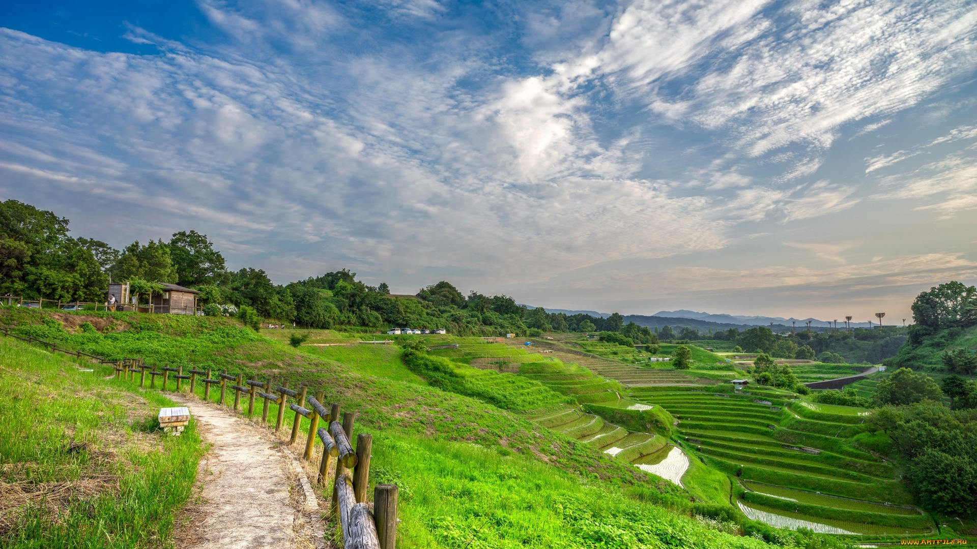 Япония, природа, дороги, постройка, поля, забор, облака