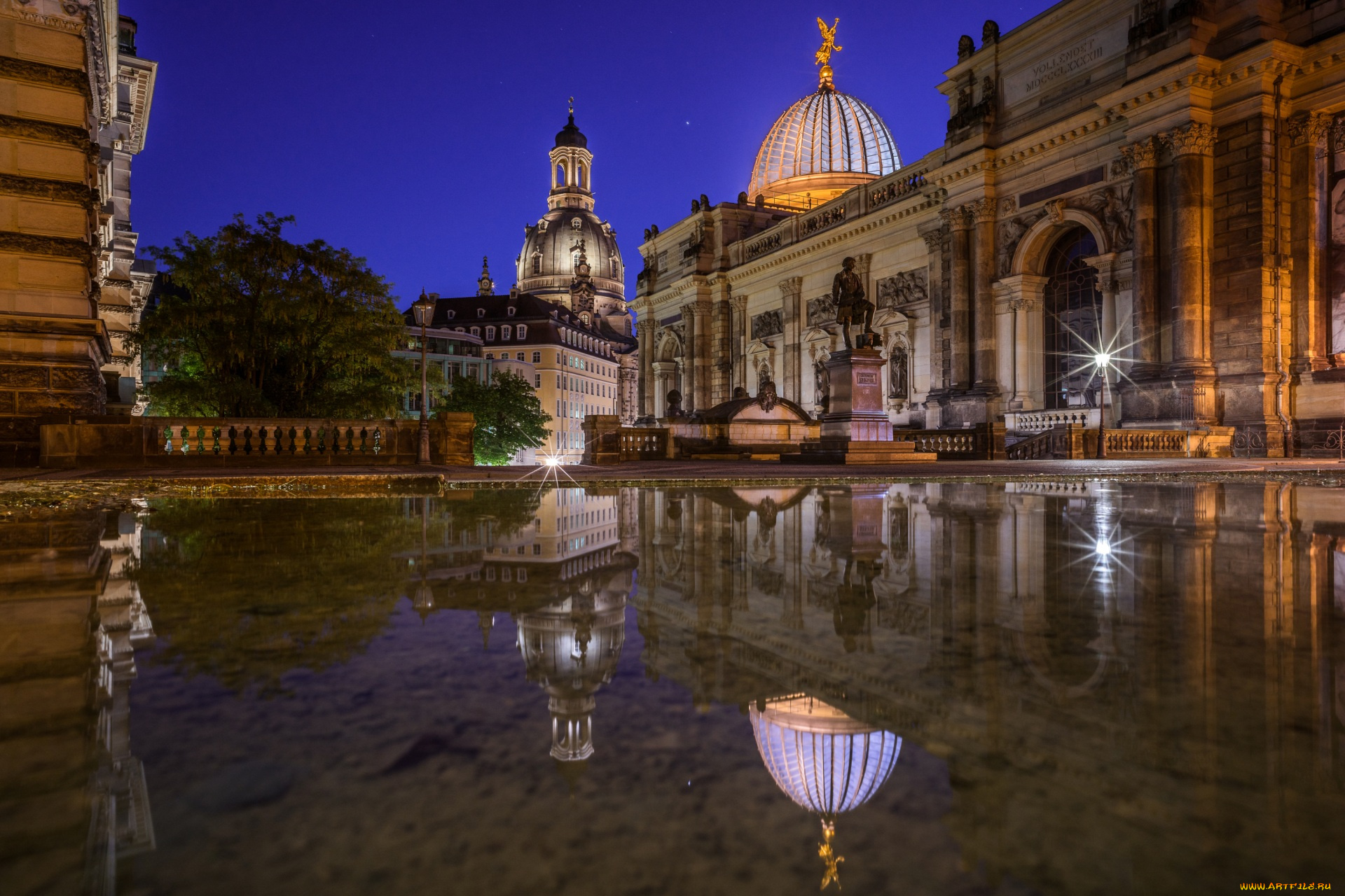 дрезден, города, -, улицы, , площади, , набережные, памятник, отражение, вода