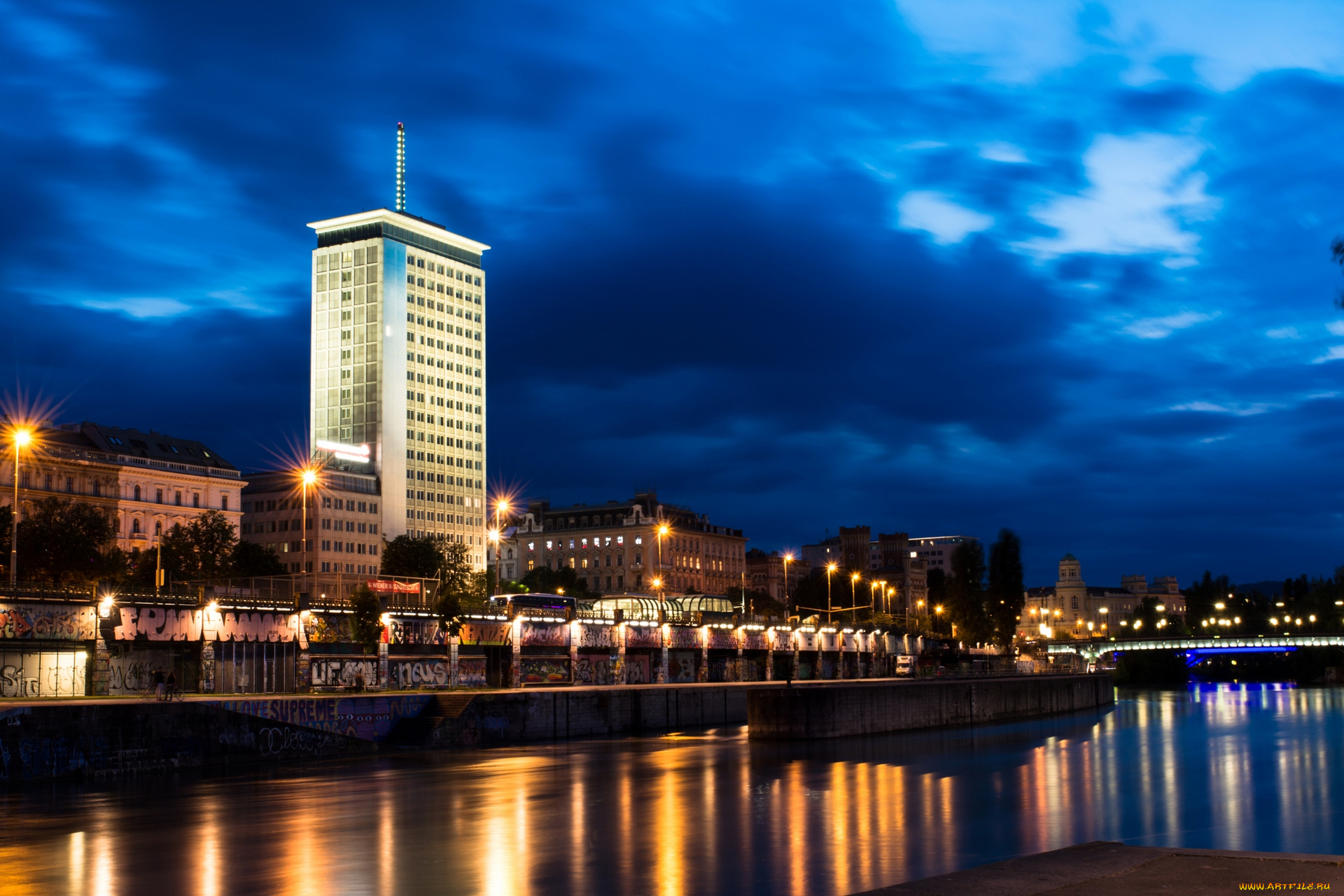 города, -, огни, ночного, города, здания, водоем, фонари, свет, набережная