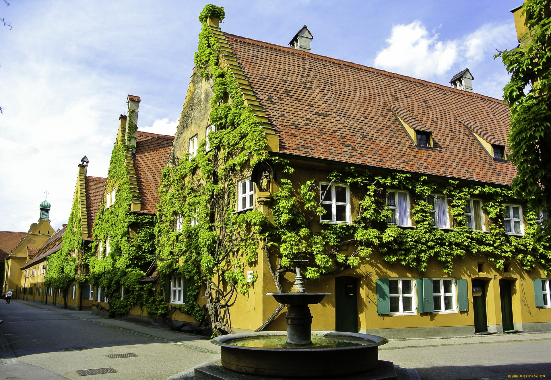 германия, города, -, здания, , дома, растения, улица, фонтан