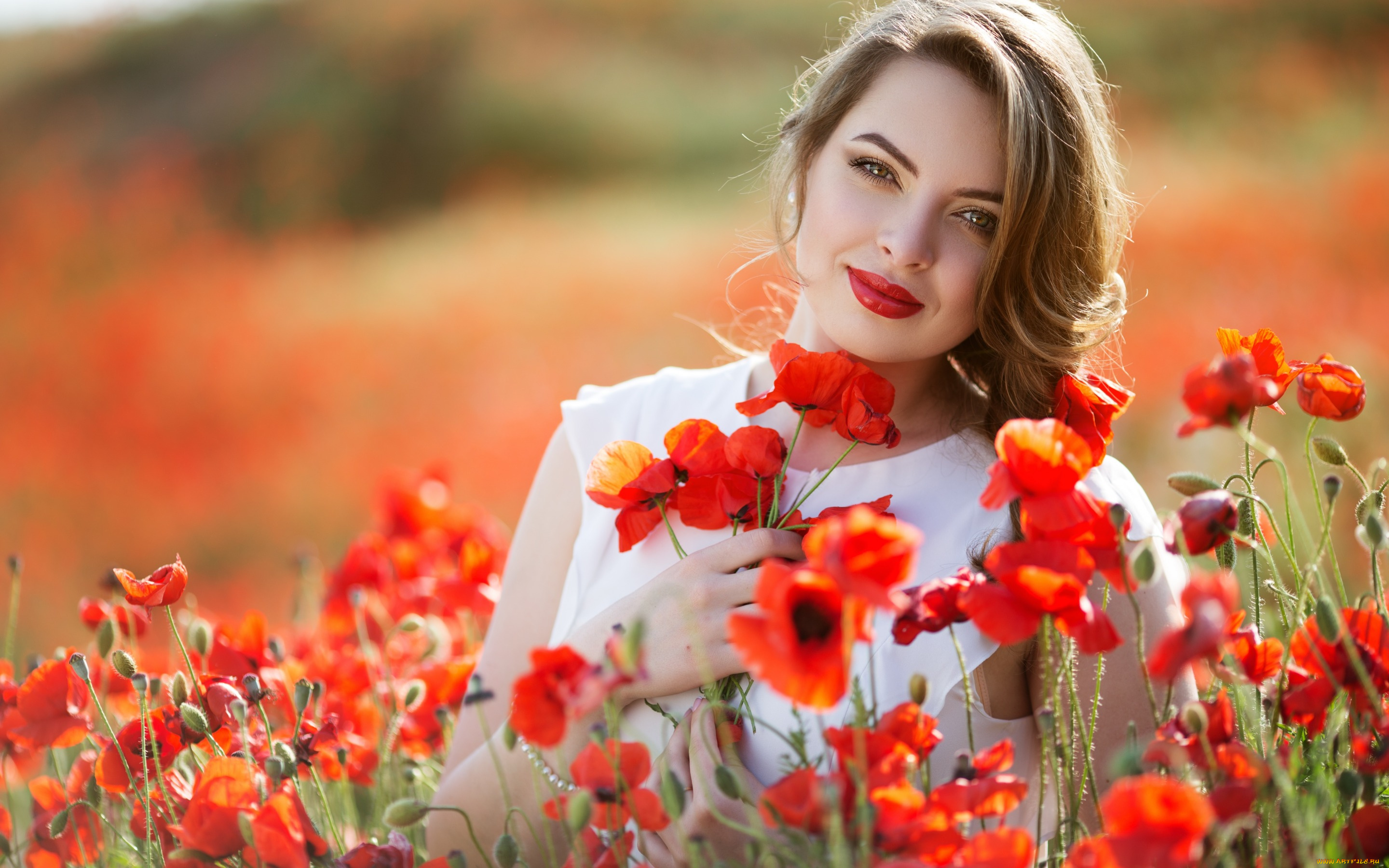 девушки, -unsort, , брюнетки, , шатенки, боке, маки, девушка, цветы, руки, взгляд, венок