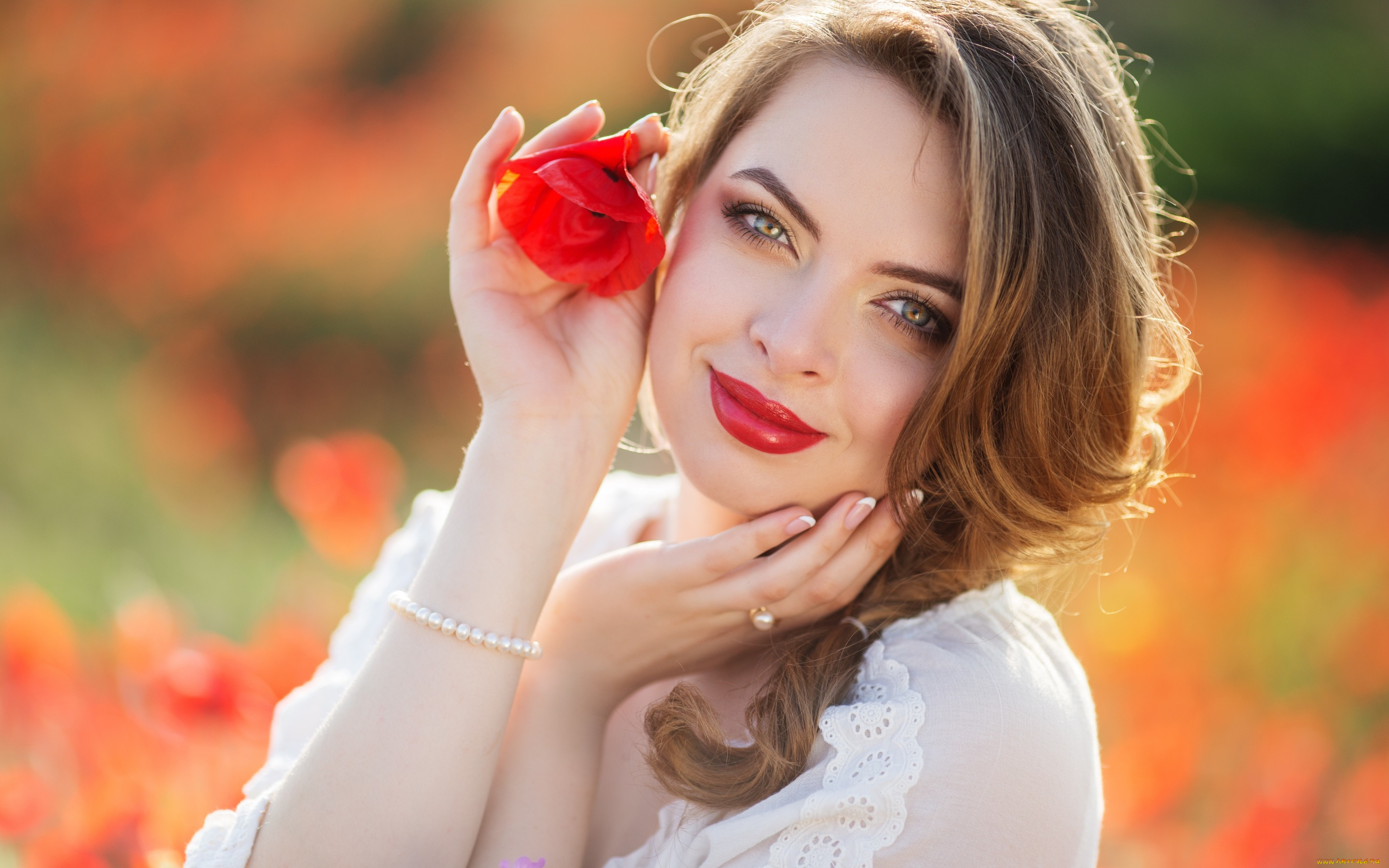 девушки, -unsort, , брюнетки, , шатенки, венок, боке, девушка, маки, руки, цветы, взгляд