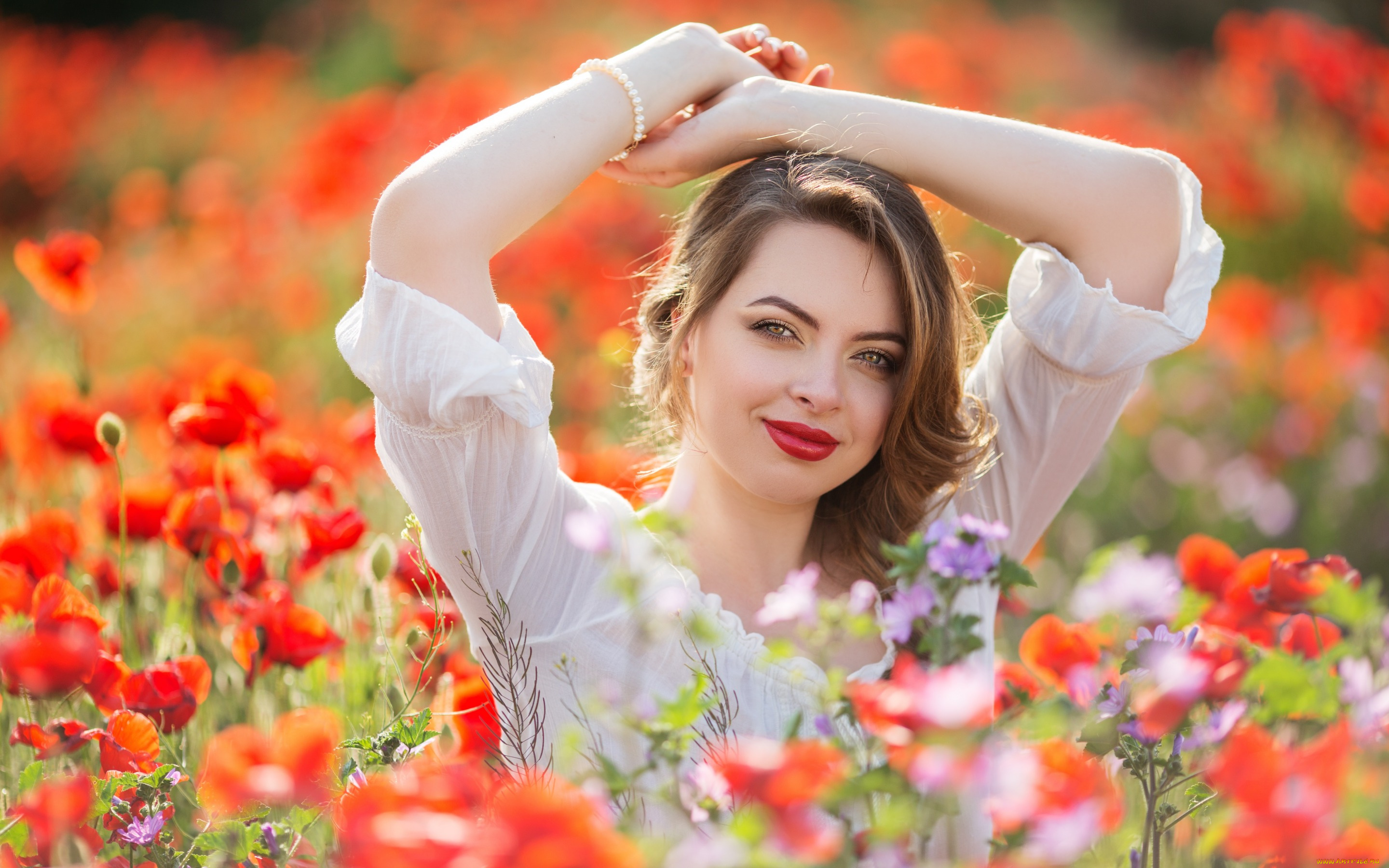 девушки, -unsort, , брюнетки, , шатенки, венок, боке, цветы, девушка, руки, взгляд, маки